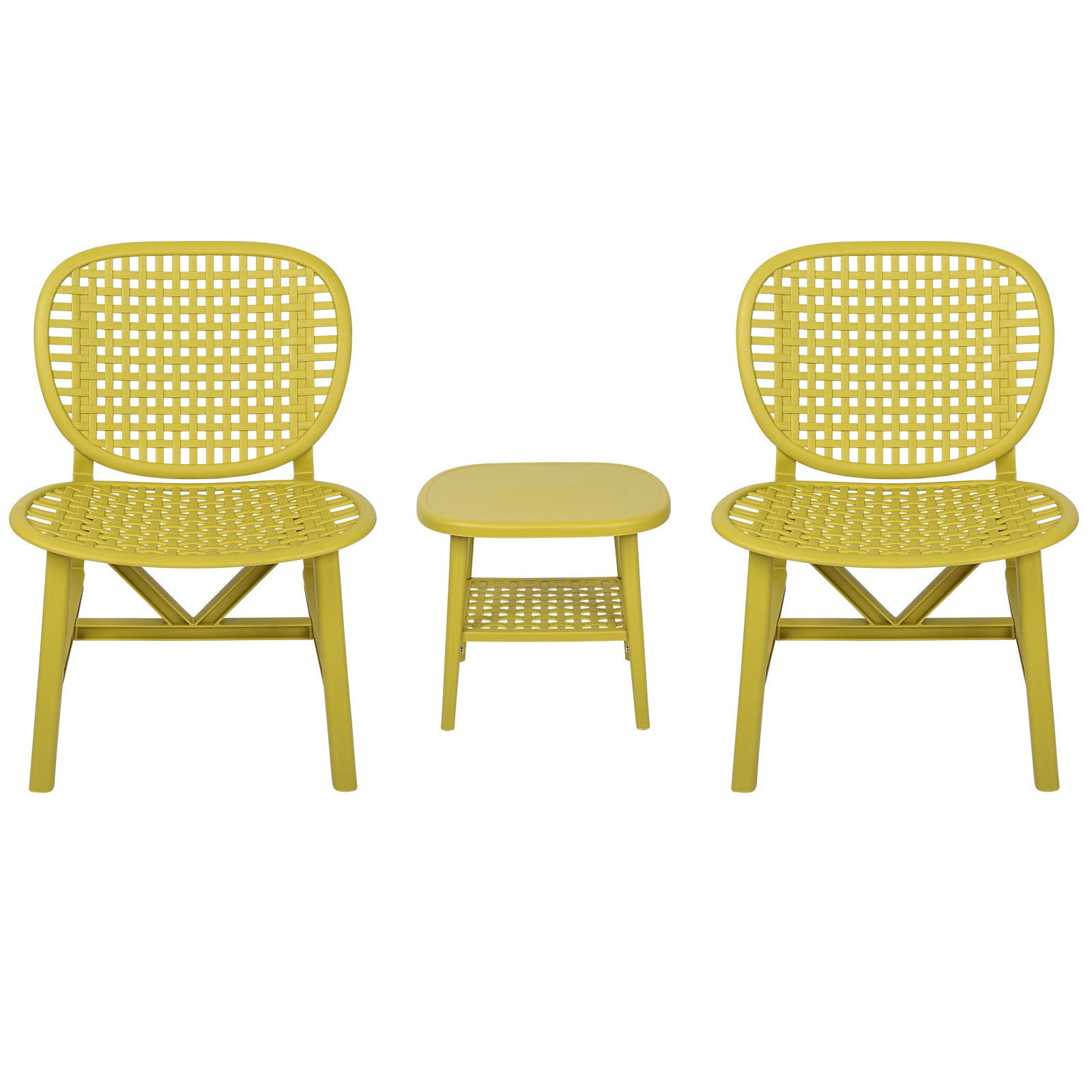 3 Pieces Hollow Design Patio Table Chair Set All Weather Conversation Bistro Set Outdoor Coffee Table With Open Shelf And Lounge Chairs With Widened Seat For Balcony Garden Yard Yellow Yellow Polypropylene