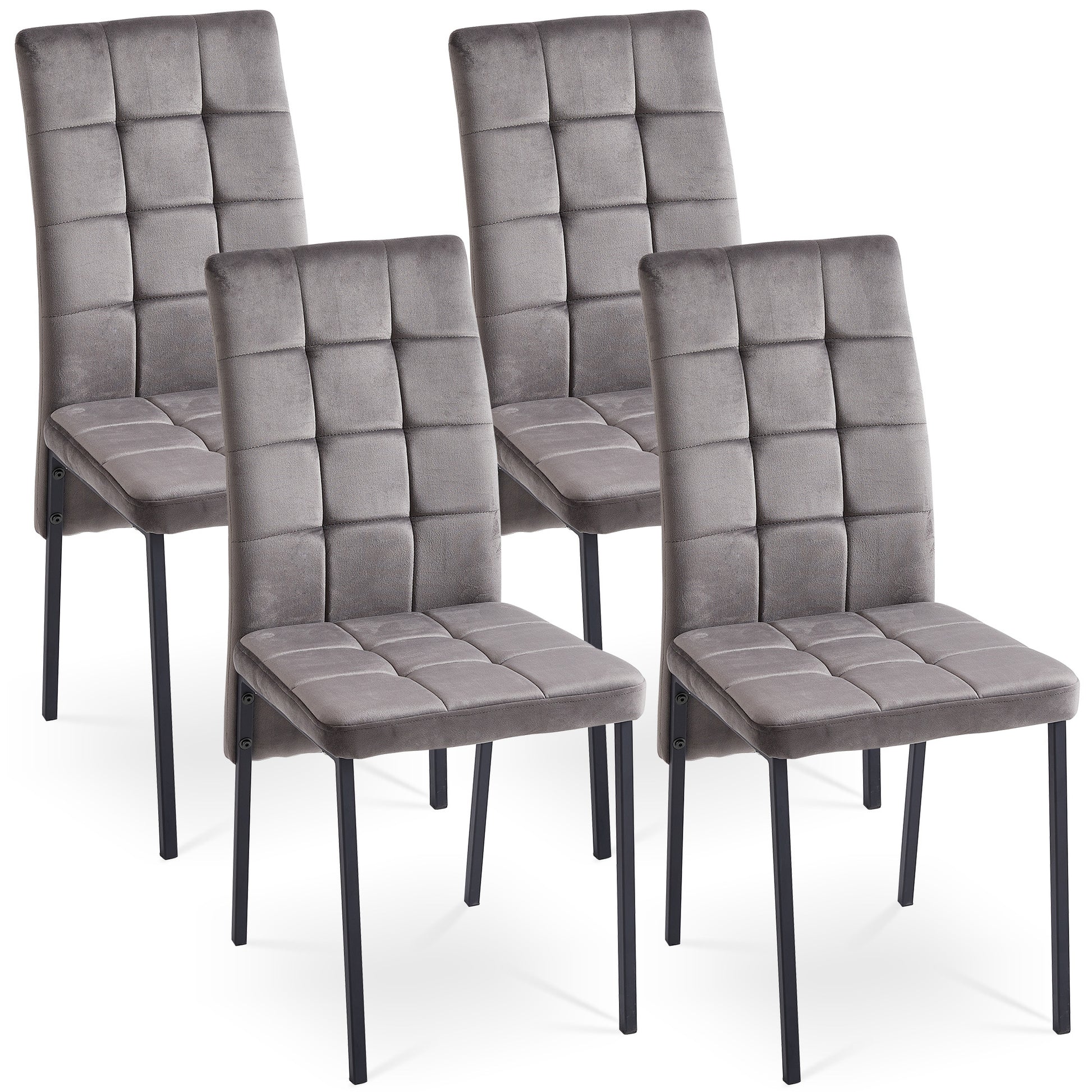Grey Velvet High Back Nordic Dining Chair Modern Fabric Chair With Black Legs, Set Of 4 Metal Plaid Grey Dining Room Powder Coated Foam Dry Clean Modern Dining Chairs Solid Back Foam Velvet