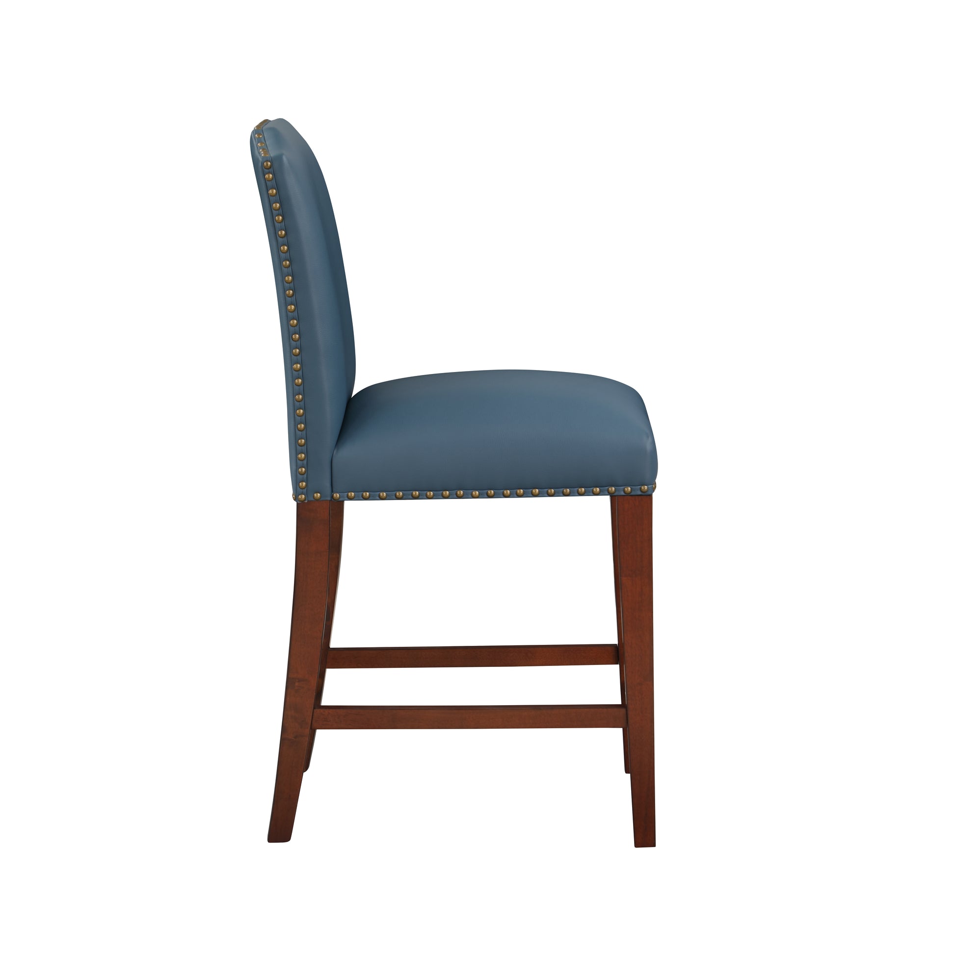 Blaire Stationary Blue Faux Leather Counter Stool With Nail Heads Blue Foam Fabric