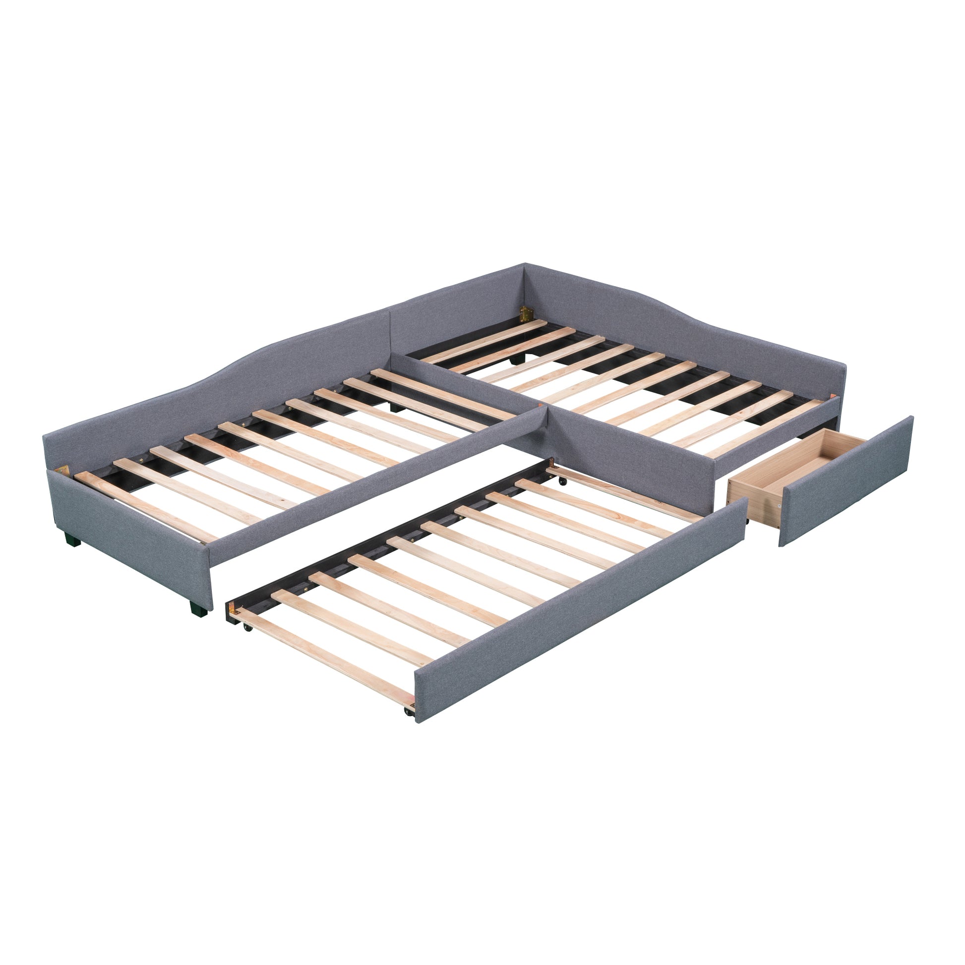 Upholstered Double Twin Size Daybed With Trundle And Drawer, Gray Twin Gray Plywood