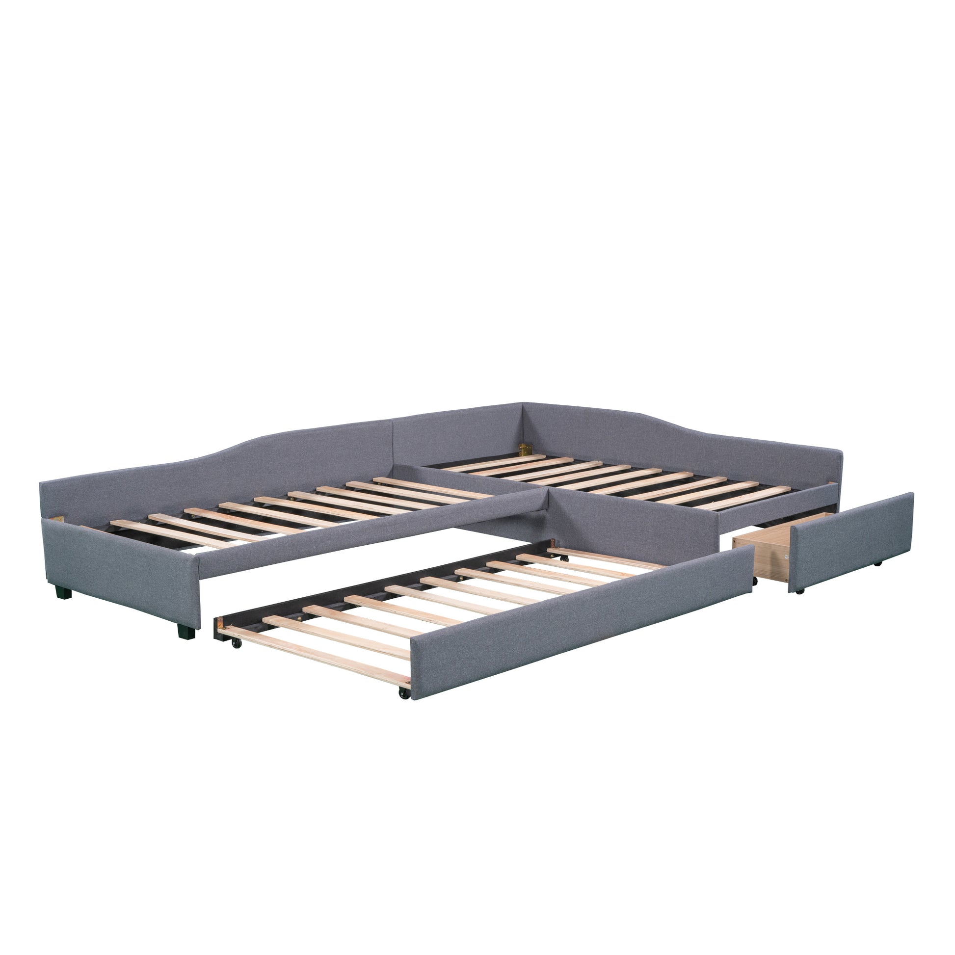 Upholstered Double Twin Size Daybed With Trundle And Drawer, Gray Twin Gray Plywood