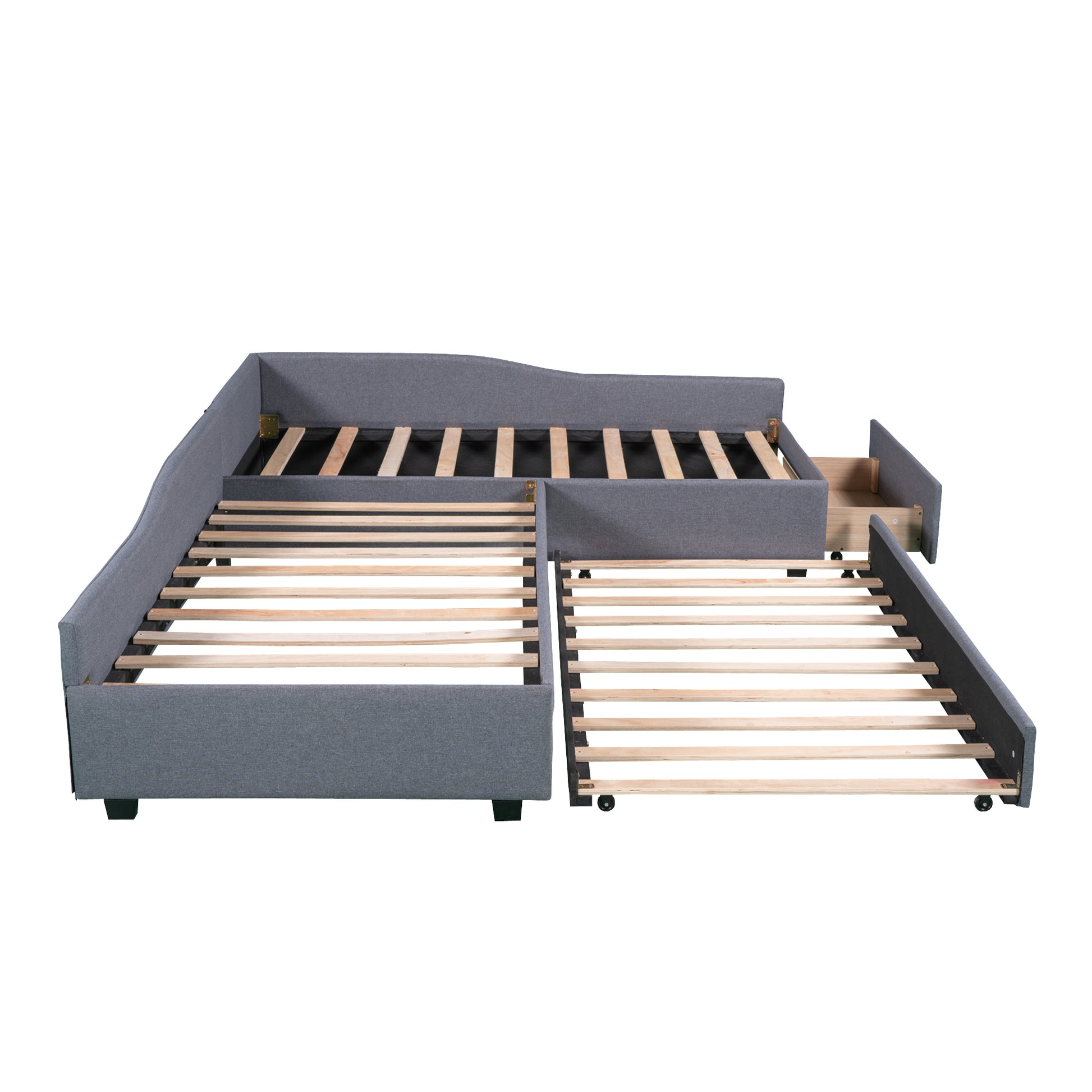 Upholstered Double Twin Size Daybed With Trundle And Drawer, Gray Twin Gray Plywood