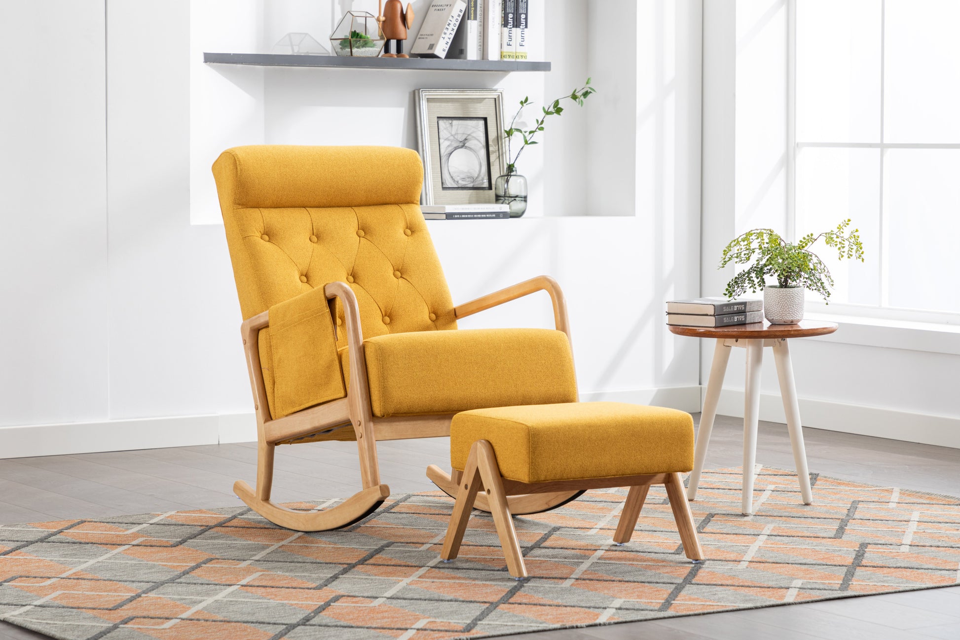 Coolmore Rocking Chair With Ottoman, Mid Century Modern Upholstered Fabric Rocking Armchair, Rocking Chair Nursery With Thick Padded Cushion, High Backrest Accent Glider Rocker Chair For Living Room Yellow Solid Wood