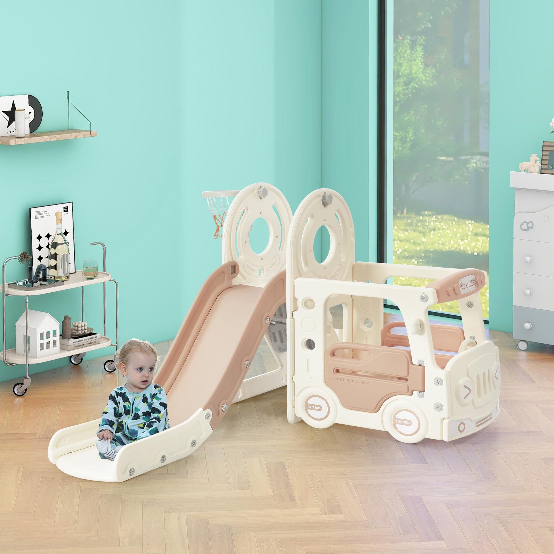 Kids Slide With Bus Play Structure, Freestanding Bus Toy With Slide For Toddlers, Bus Slide Set With Basketball Hoop Beige Hdpe
