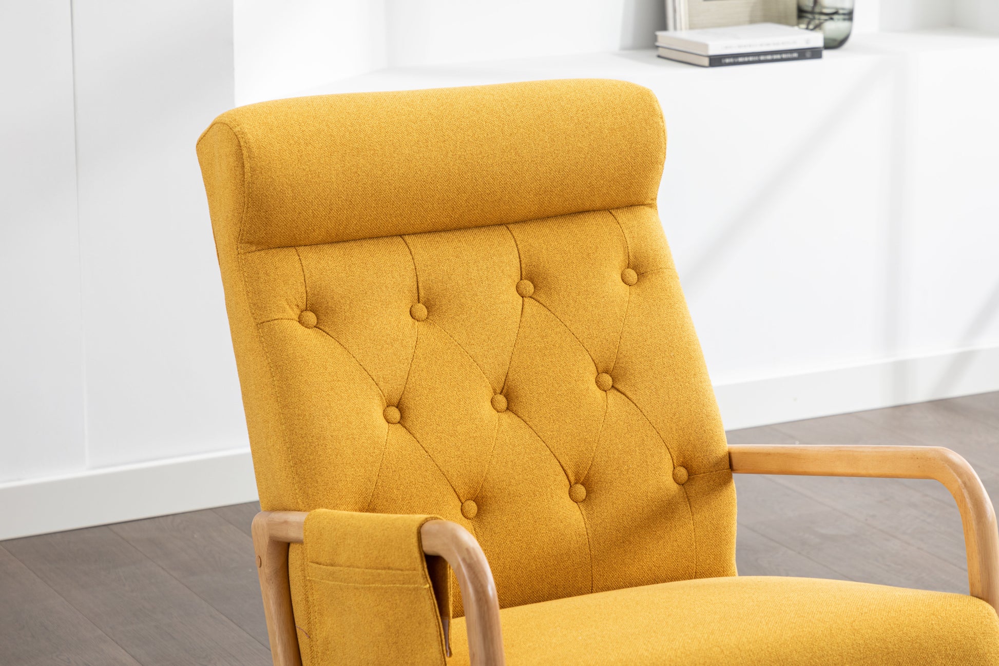 Coolmore Rocking Chair With Ottoman, Mid Century Modern Upholstered Fabric Rocking Armchair, Rocking Chair Nursery With Thick Padded Cushion, High Backrest Accent Glider Rocker Chair For Living Room Yellow Solid Wood
