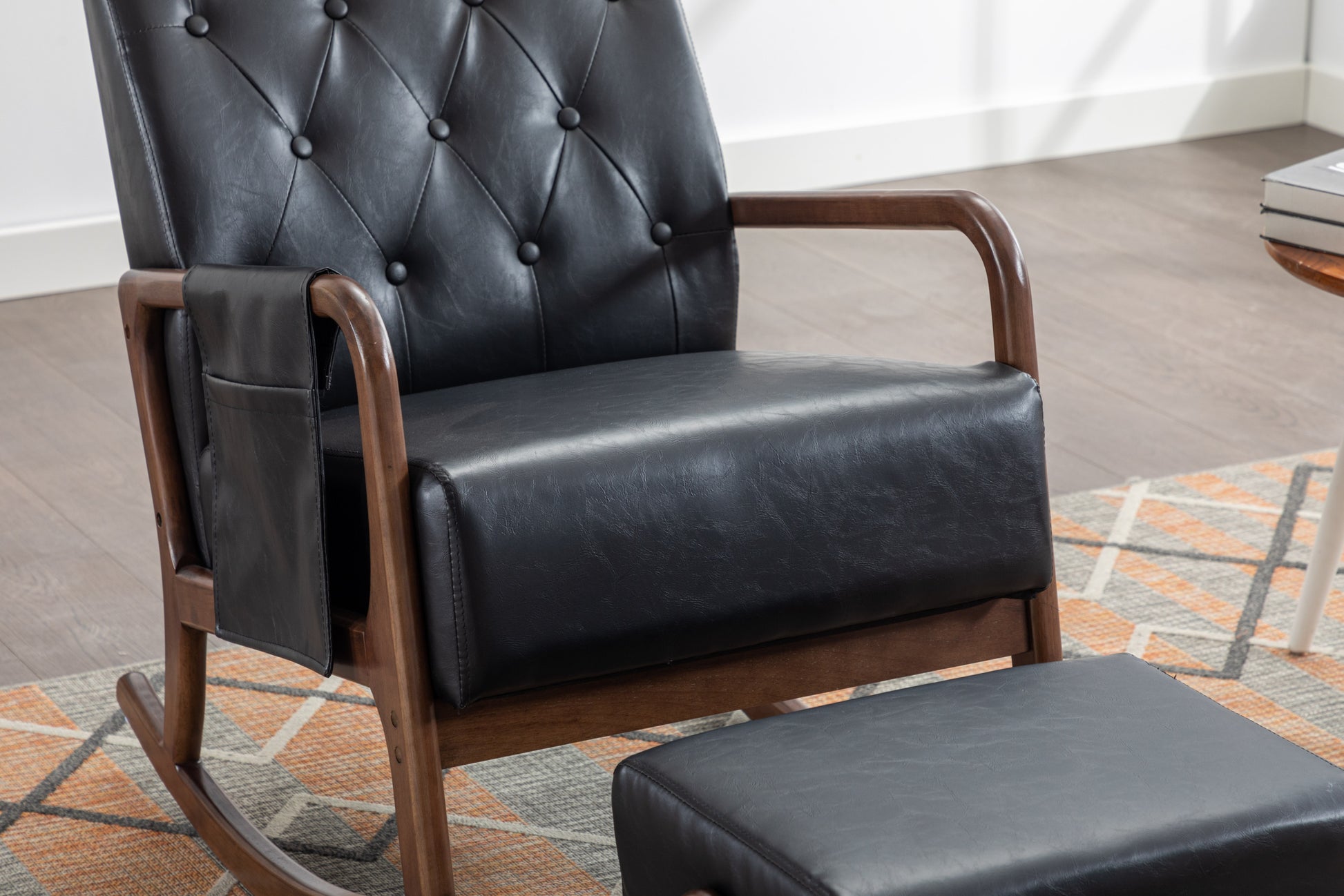 Coolmore Rocking Chair With Ottoman, Mid Century Modern Upholstered Fabric Rocking Armchair, Rocking Chair Nursery With Thick Padded Cushion, High Backrest Accent Glider Rocker Chair For Living Room Black Pu Solid Wood