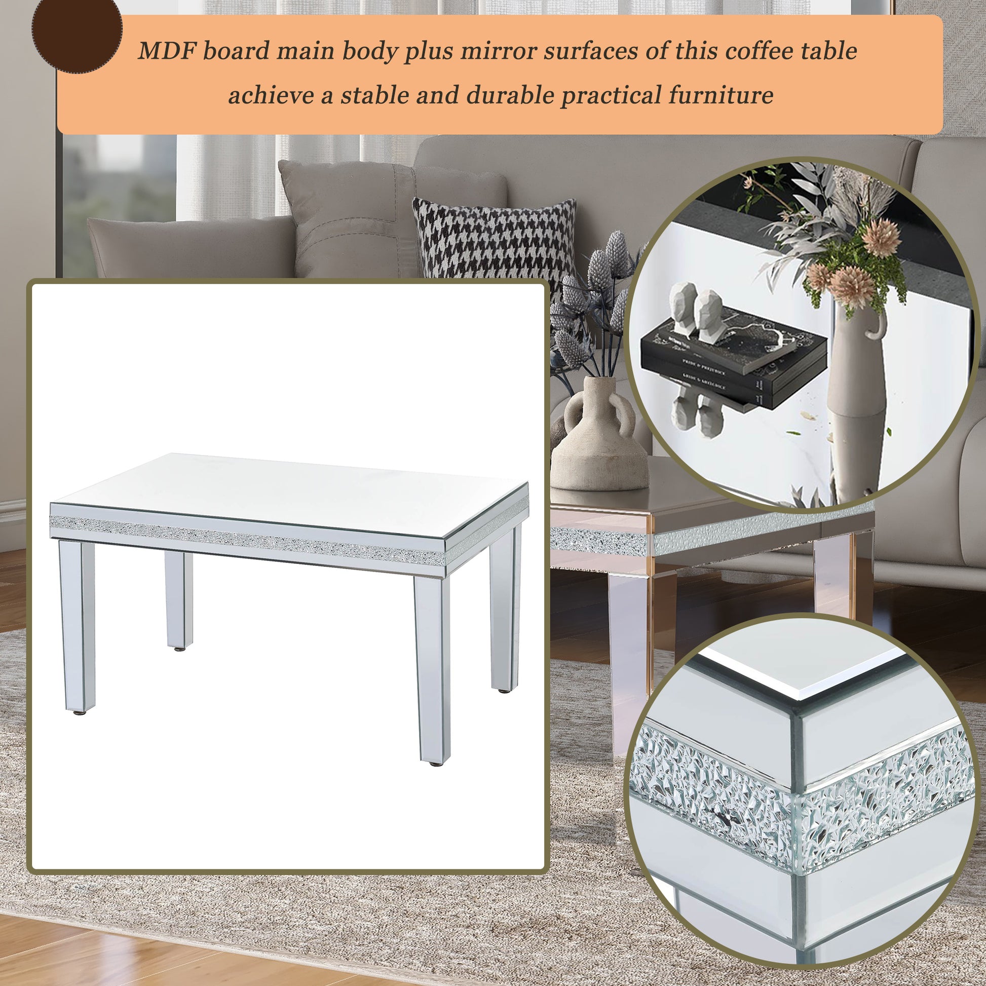 Fashionable Modern Glass Mirrored Coffee Table, Easy Assembly Cocktail Table With Crystal Design And Adjustable Height Legs, Silver Silver Glass