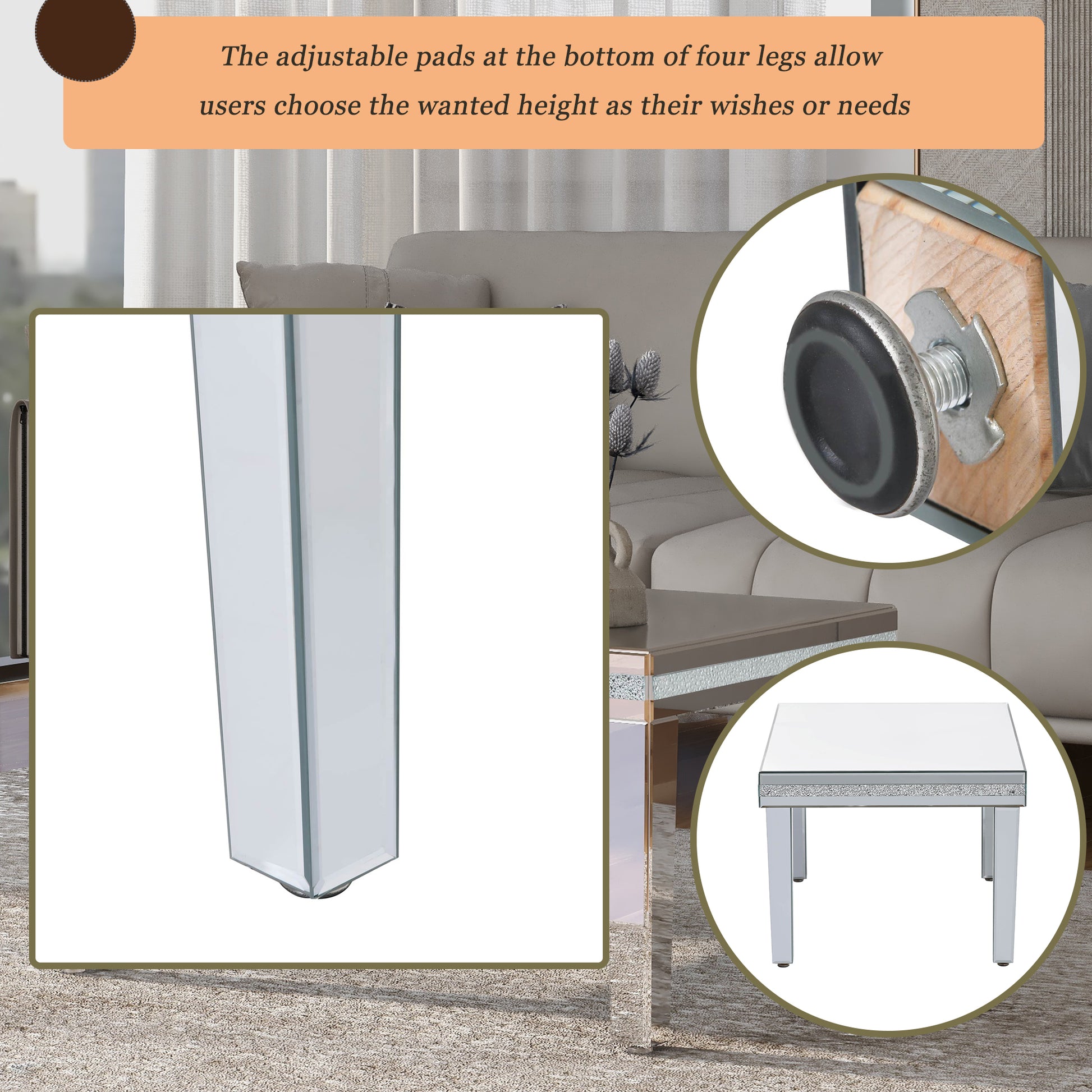 Fashionable Modern Glass Mirrored Coffee Table, Easy Assembly Cocktail Table With Crystal Design And Adjustable Height Legs, Silver Silver Glass
