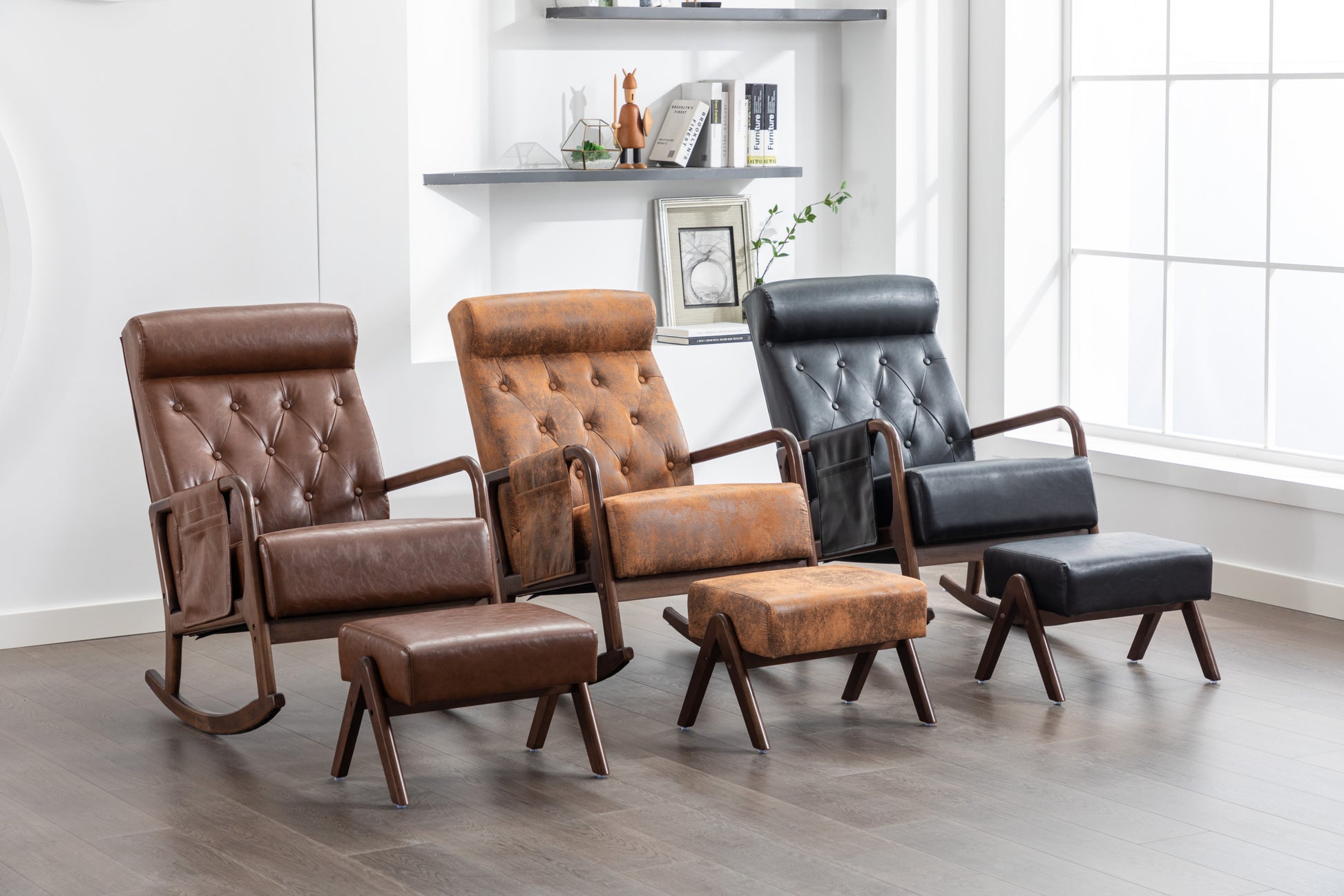 Coolmore Rocking Chair With Ottoman, Mid Century Modern Upholstered Fabric Rocking Armchair, Rocking Chair Nursery With Thick Padded Cushion, High Backrest Accent Glider Rocker Chair For Living Room Black Pu Solid Wood