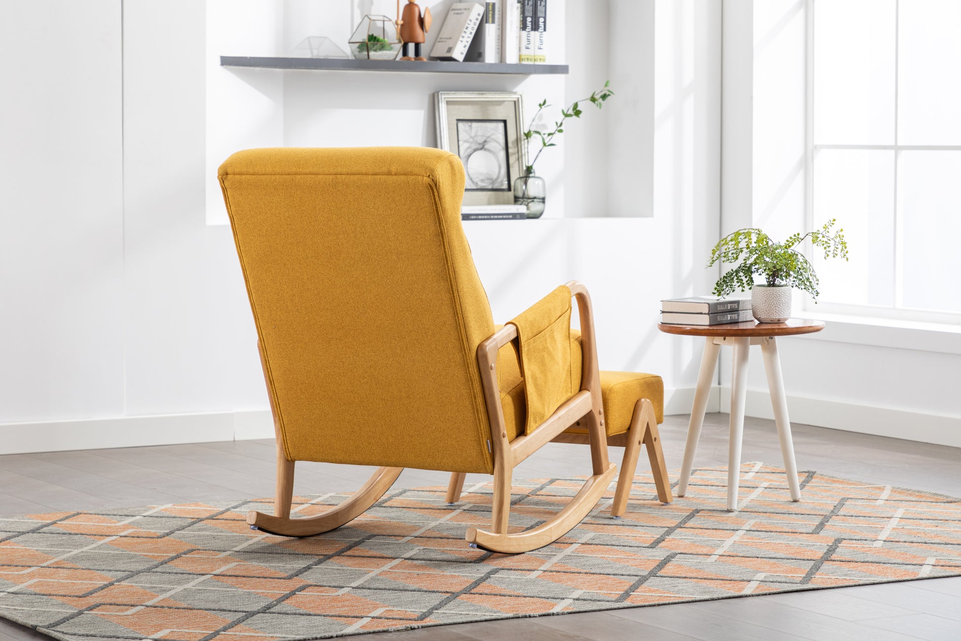 Coolmore Rocking Chair With Ottoman, Mid Century Modern Upholstered Fabric Rocking Armchair, Rocking Chair Nursery With Thick Padded Cushion, High Backrest Accent Glider Rocker Chair For Living Room Yellow Solid Wood