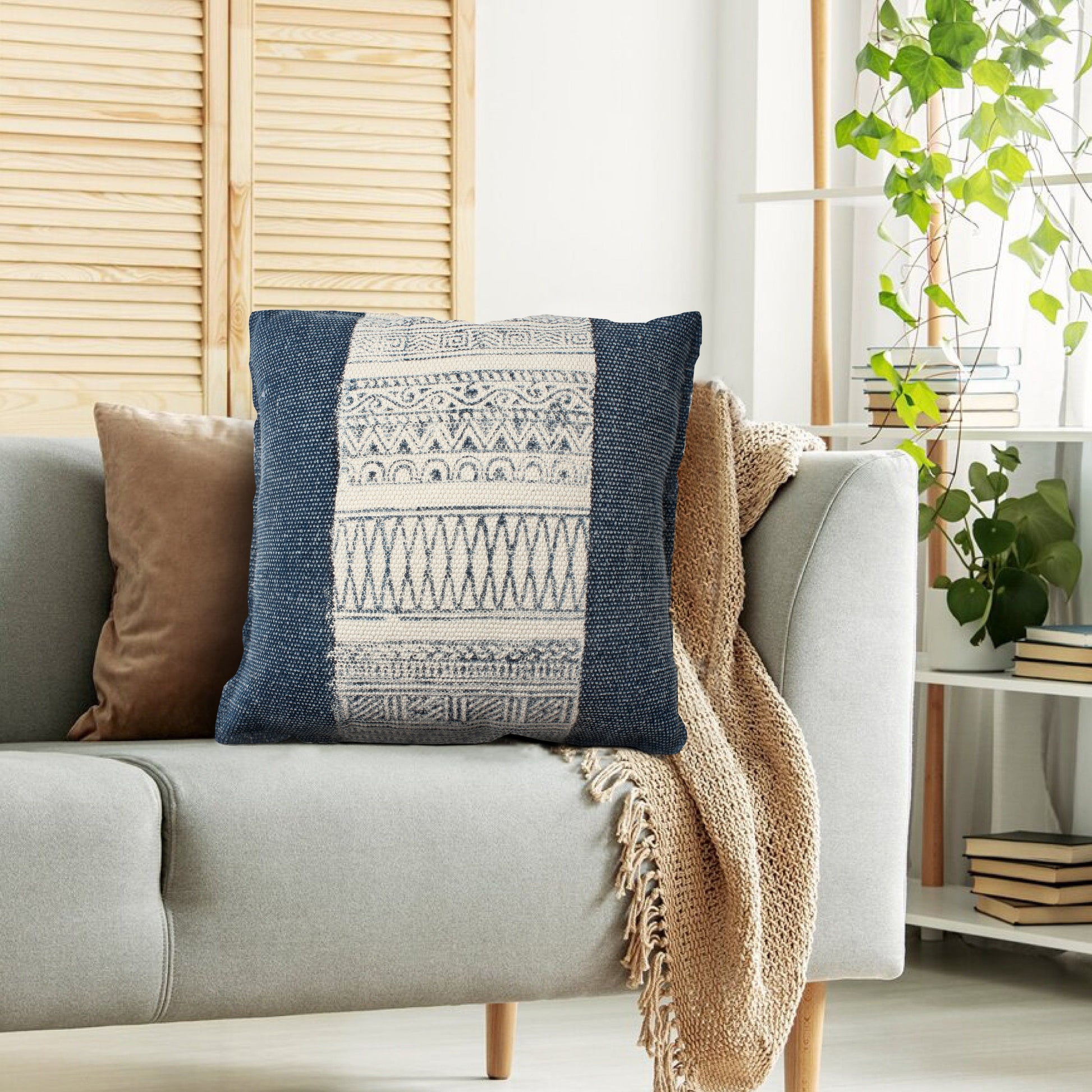 18 X 18 Square Handwoven Accent Throw Pillow, Polycotton Dhurrie, Kilim Pattern, White, Blue Blue Cotton