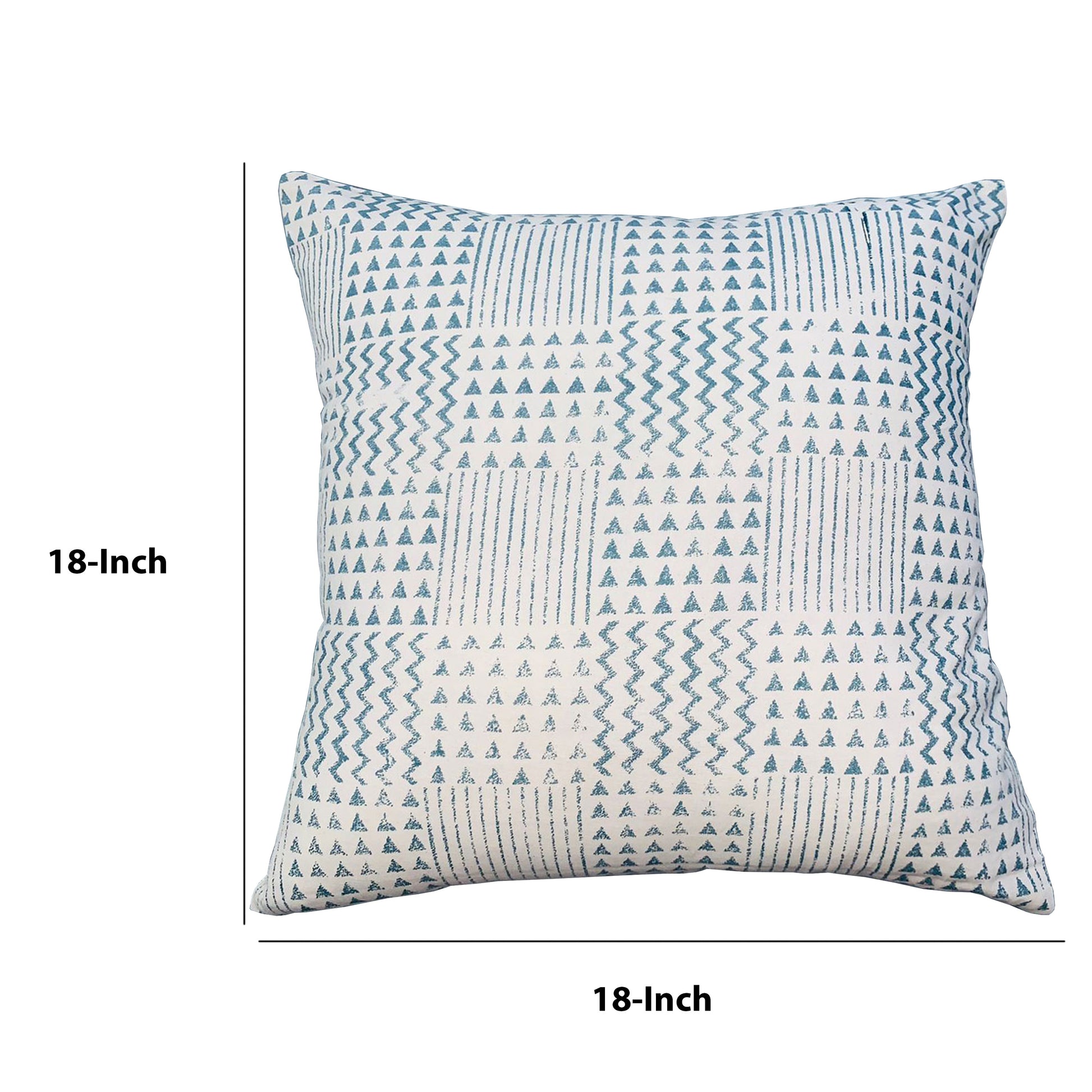 18 X 18 Handcrafted Square Cotton Accent Throw Pillow, Aztec Minimalistic Print, Blue, White White Cotton