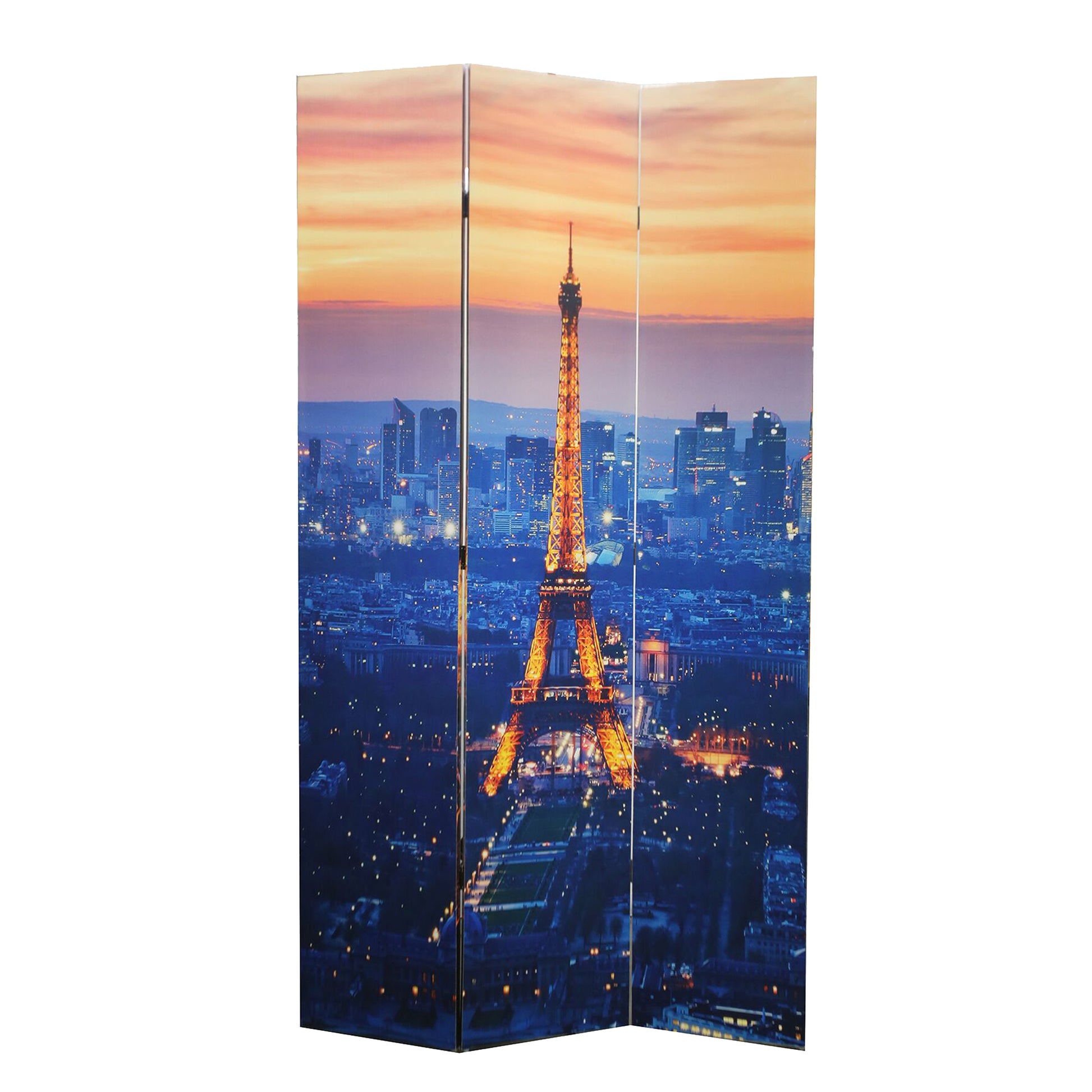 71 Inch 3 Panel Room Divider, Eiffel Tower Digital Print, Multicolor Multicolor Solid Wood