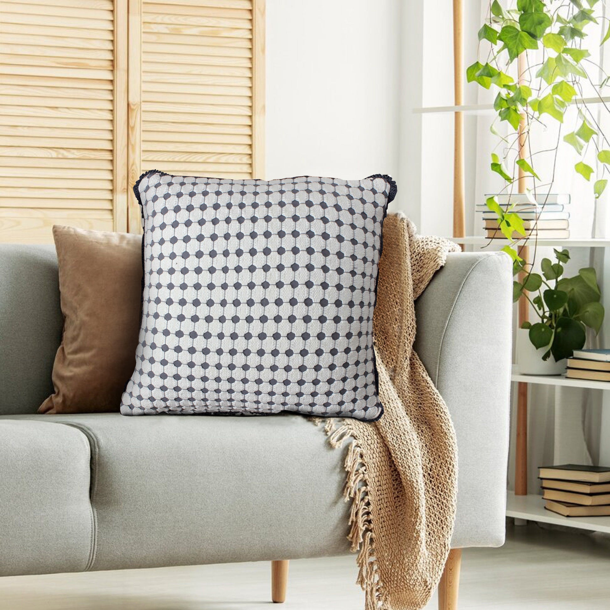 18 X 18 Handcrafted Square Cotton Accent Throw Pillow, Woven, Dotted Tile Design, White, Gray White Cotton