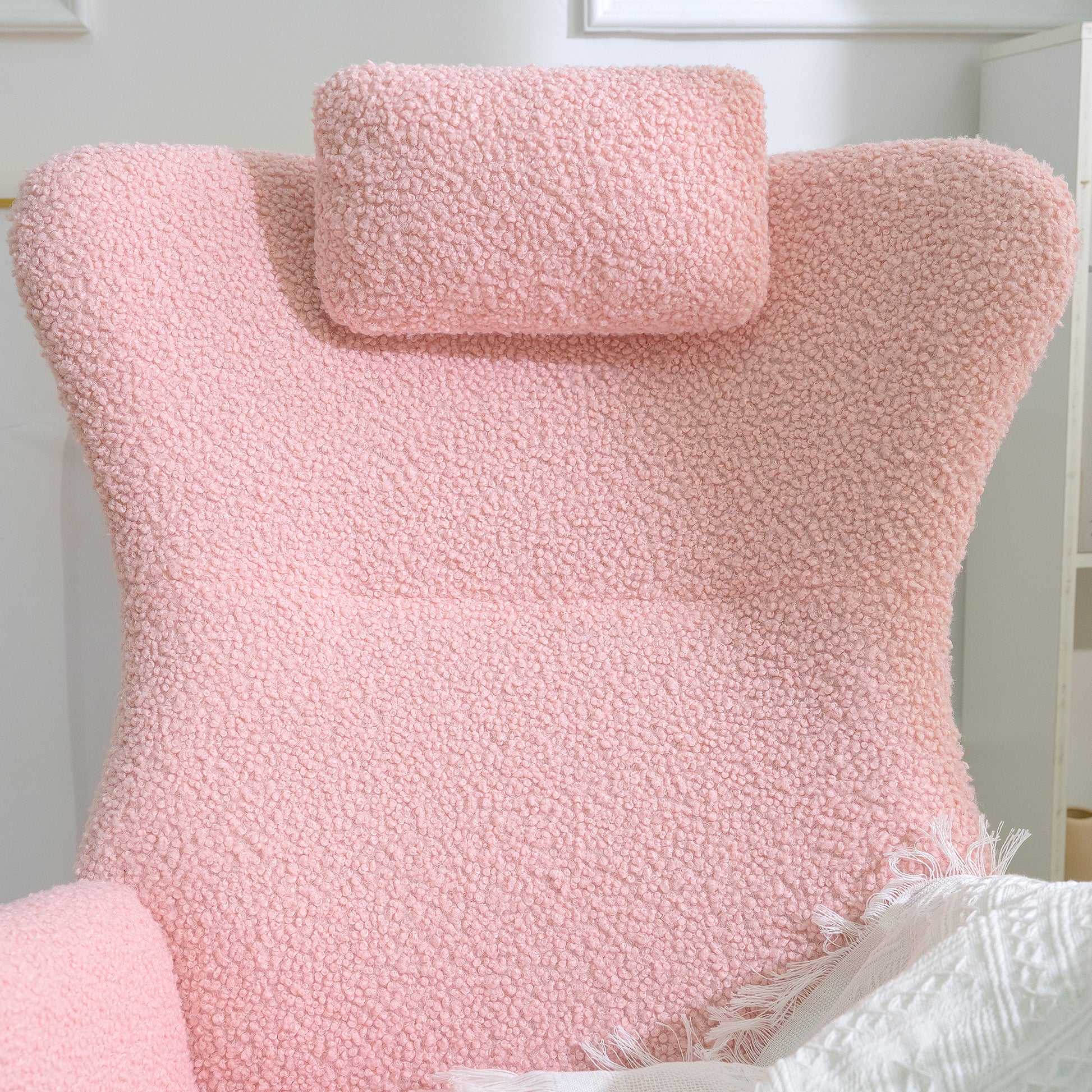 Rocking Chair Nursery, Teddy Upholstered Rocker Glider Chair With High Backrest, Adjustable Headrest & Pocket, Comfy Glider Chair For Nursery, Bedroom, Living Room, Offices, Rubber Wood, Pink Pink Polyester