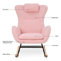 Rocking Chair Nursery, Teddy Upholstered Rocker Glider Chair With High Backrest, Adjustable Headrest & Pocket, Comfy Glider Chair For Nursery, Bedroom, Living Room, Offices, Rubber Wood, Pink Pink Polyester