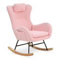 Rocking Chair Nursery, Teddy Upholstered Rocker Glider Chair With High Backrest, Adjustable Headrest & Pocket, Comfy Glider Chair For Nursery, Bedroom, Living Room, Offices, Rubber Wood, Pink Pink Polyester