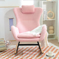 Rocking Chair Nursery, Teddy Upholstered Rocker Glider Chair With High Backrest, Adjustable Headrest & Pocket, Comfy Glider Chair For Nursery, Bedroom, Living Room, Offices, Rubber Wood, Pink Pink Polyester