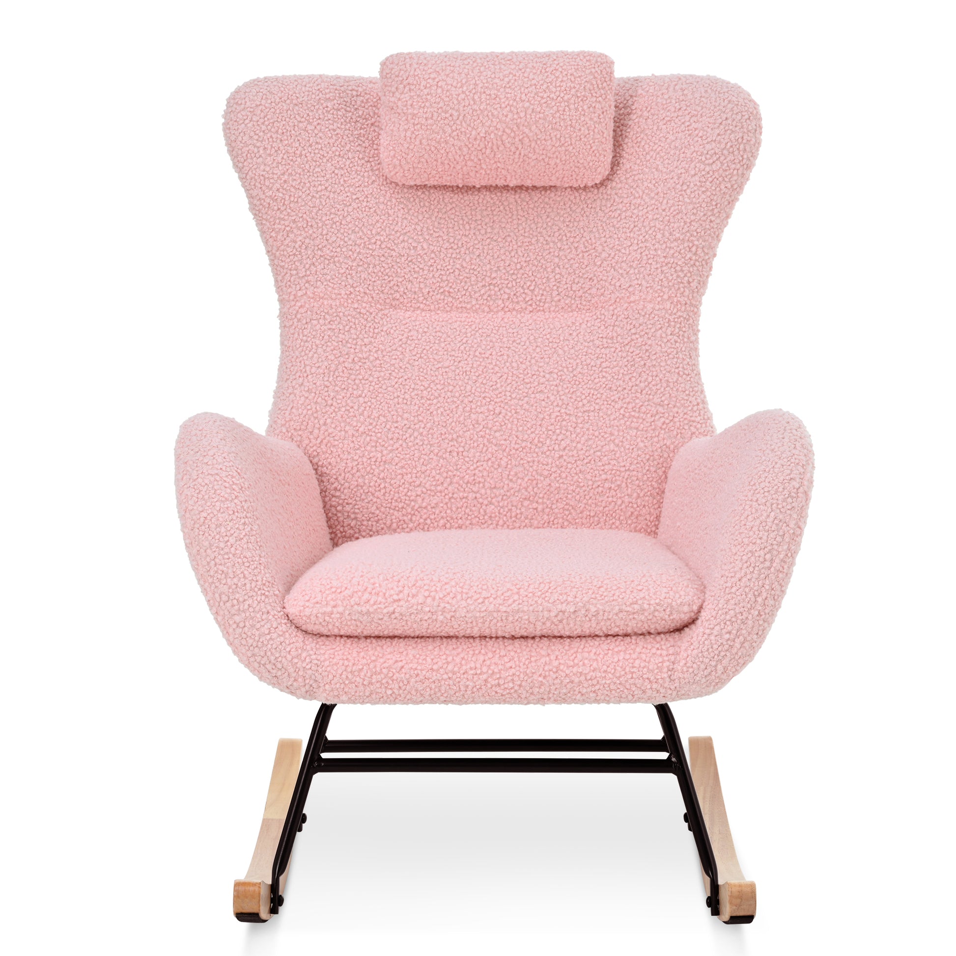 Rocking Chair Nursery, Teddy Upholstered Rocker Glider Chair With High Backrest, Adjustable Headrest & Pocket, Comfy Glider Chair For Nursery, Bedroom, Living Room, Offices, Rubber Wood, Pink Pink Polyester