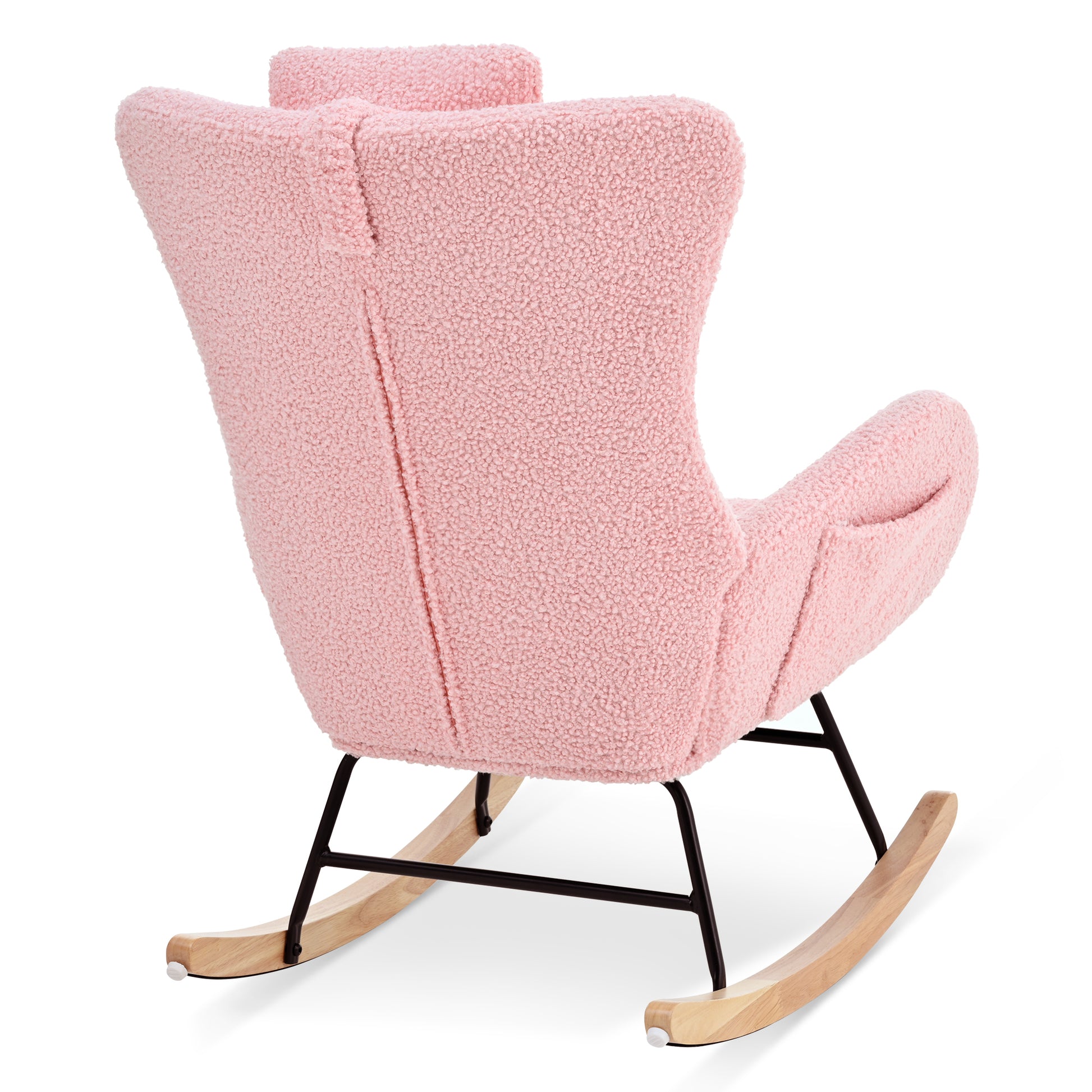 Rocking Chair Nursery, Teddy Upholstered Rocker Glider Chair With High Backrest, Adjustable Headrest & Pocket, Comfy Glider Chair For Nursery, Bedroom, Living Room, Offices, Rubber Wood, Pink Pink Polyester
