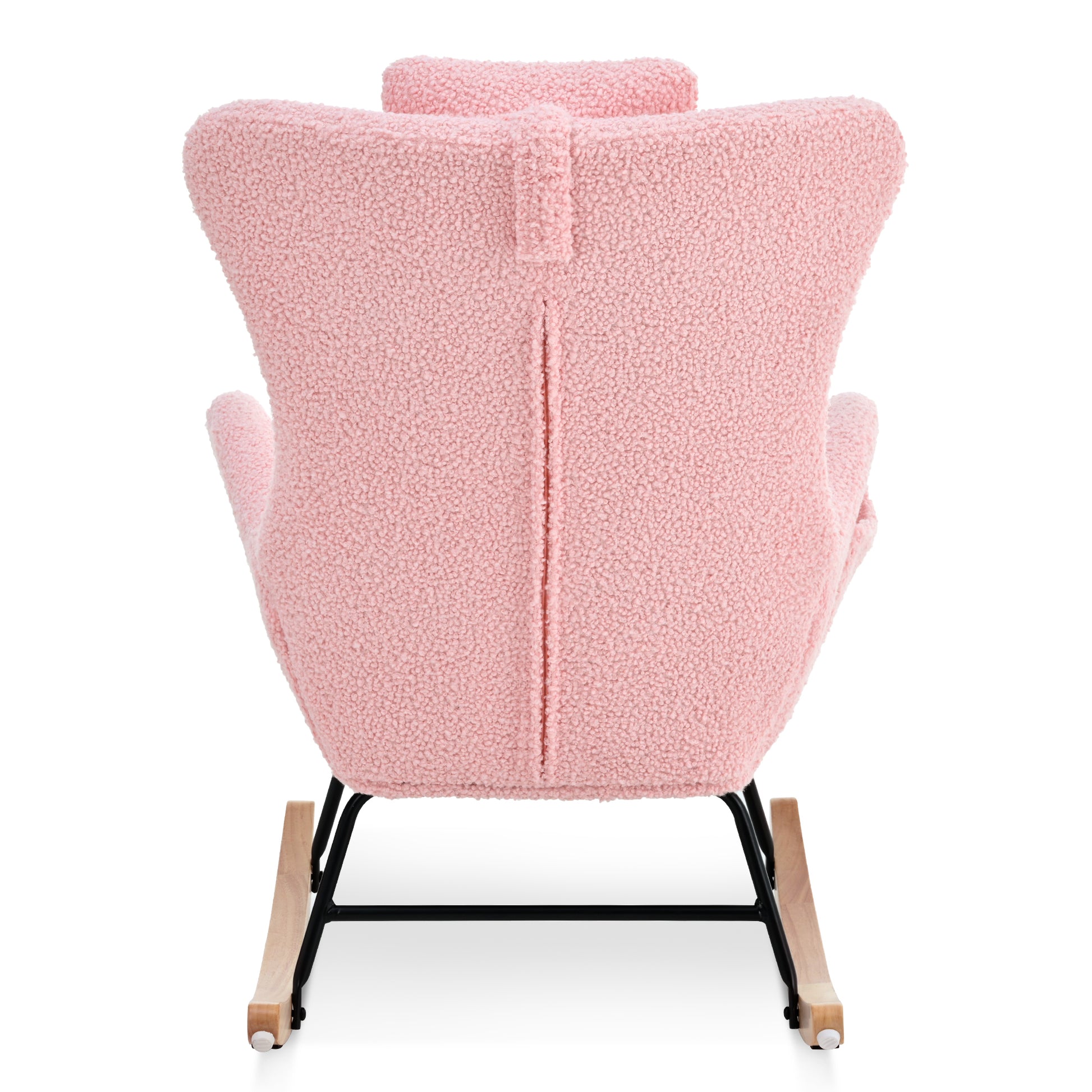 Rocking Chair Nursery, Teddy Upholstered Rocker Glider Chair With High Backrest, Adjustable Headrest & Pocket, Comfy Glider Chair For Nursery, Bedroom, Living Room, Offices, Rubber Wood, Pink Pink Polyester