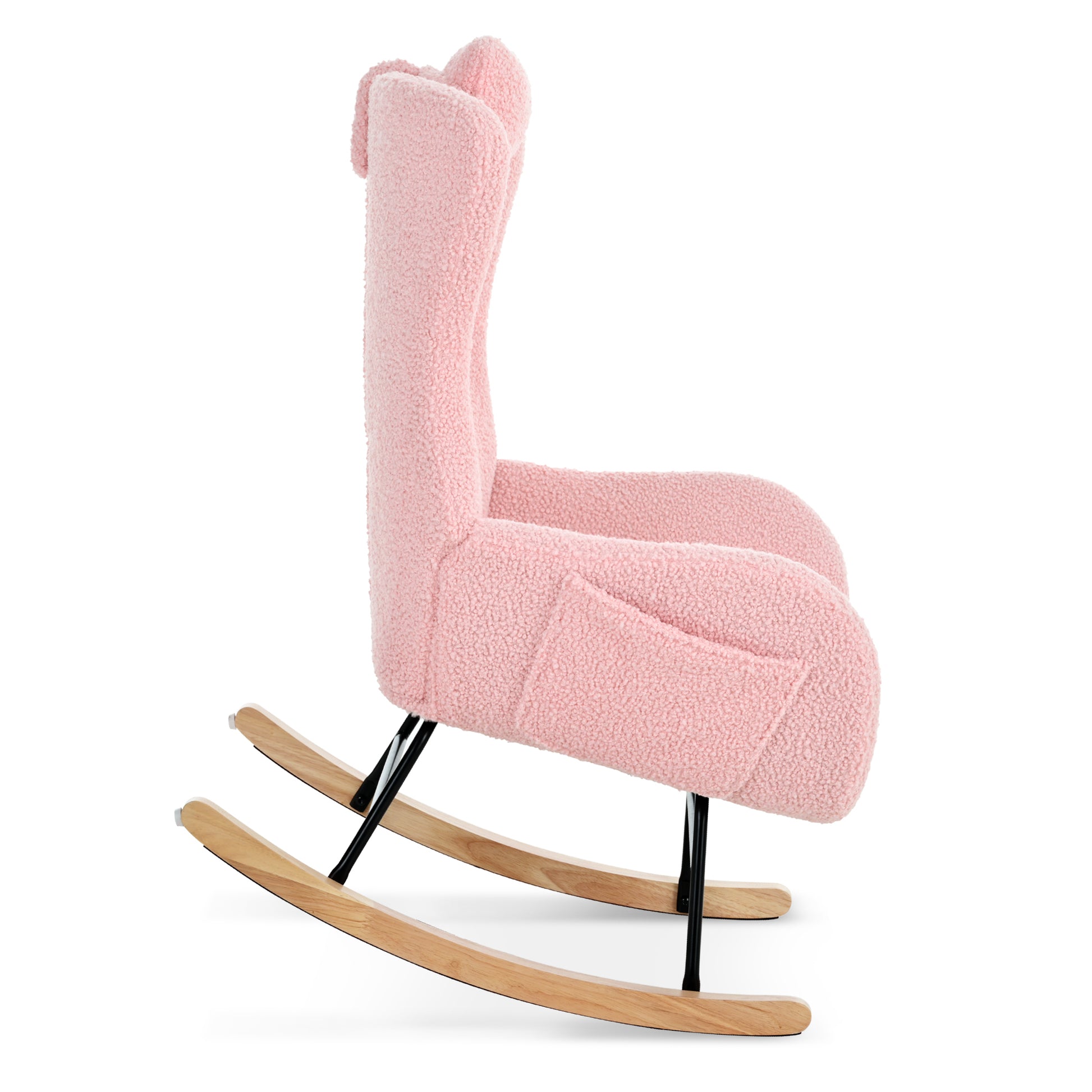 Rocking Chair Nursery, Teddy Upholstered Rocker Glider Chair With High Backrest, Adjustable Headrest & Pocket, Comfy Glider Chair For Nursery, Bedroom, Living Room, Offices, Rubber Wood, Pink Pink Polyester