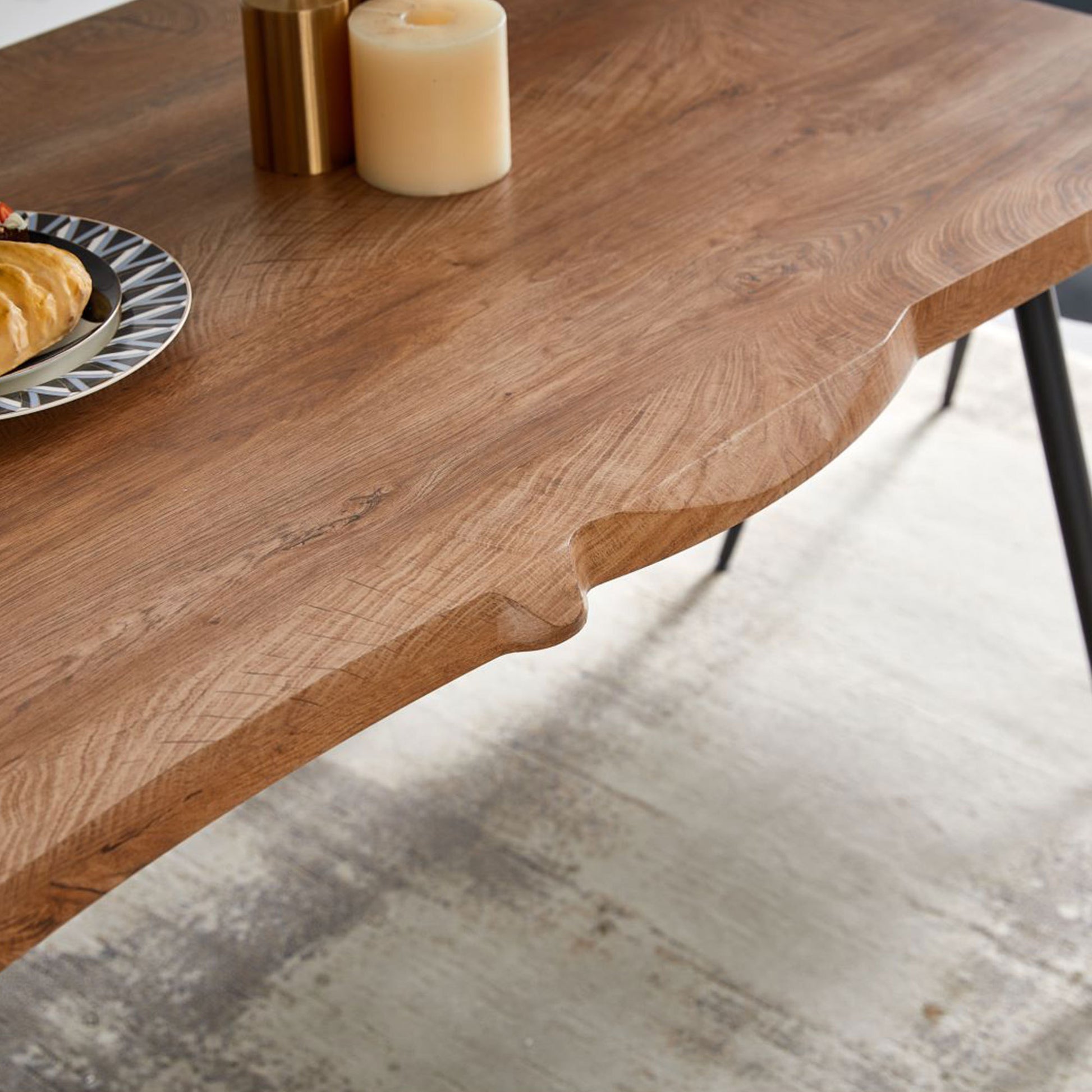 S Shape Irregular Mdf Dining Table Metal Legs Wood Design Table Top Walnut Brown Distressed Finish Triangular Dining Room Modern Floor Mount Rectangular Kitchen & Dining Tables Foam Mdf