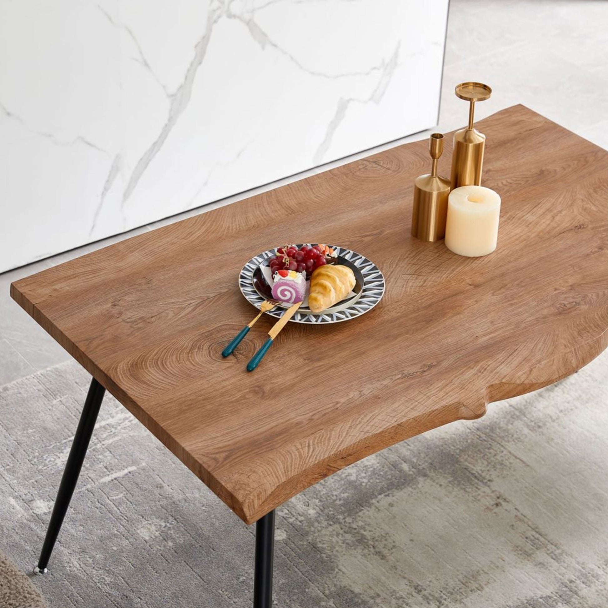 S Shape Irregular Mdf Dining Table Metal Legs Wood Design Table Top Walnut Brown Distressed Finish Triangular Dining Room Modern Floor Mount Rectangular Kitchen & Dining Tables Foam Mdf