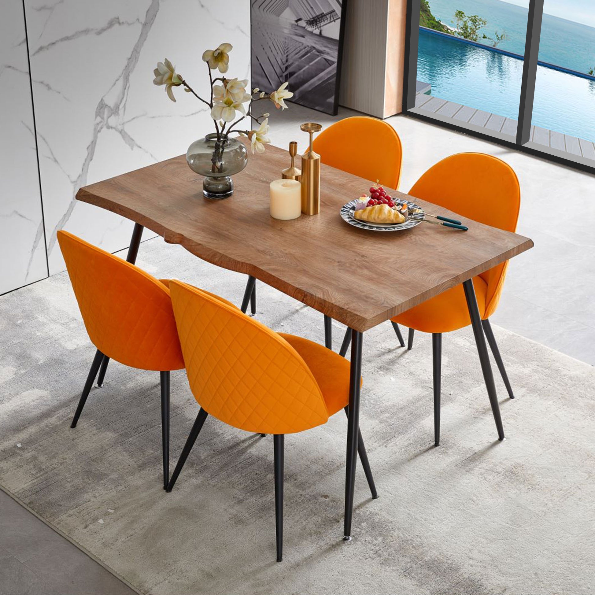 S Shape Irregular Mdf Dining Table Metal Legs Wood Design Table Top Walnut Brown Distressed Finish Triangular Dining Room Modern Floor Mount Rectangular Kitchen & Dining Tables Foam Mdf
