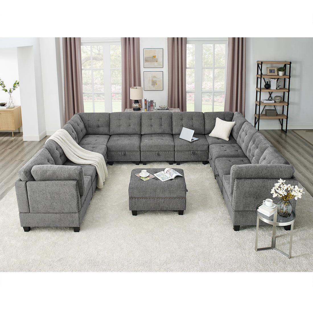 U Shape Modular Sectional Sofa,Diy Combination,Includes Seven Single Chair, Four Corner And One Ottoman,Grey Grey Plywood Chenille 10 Seat
