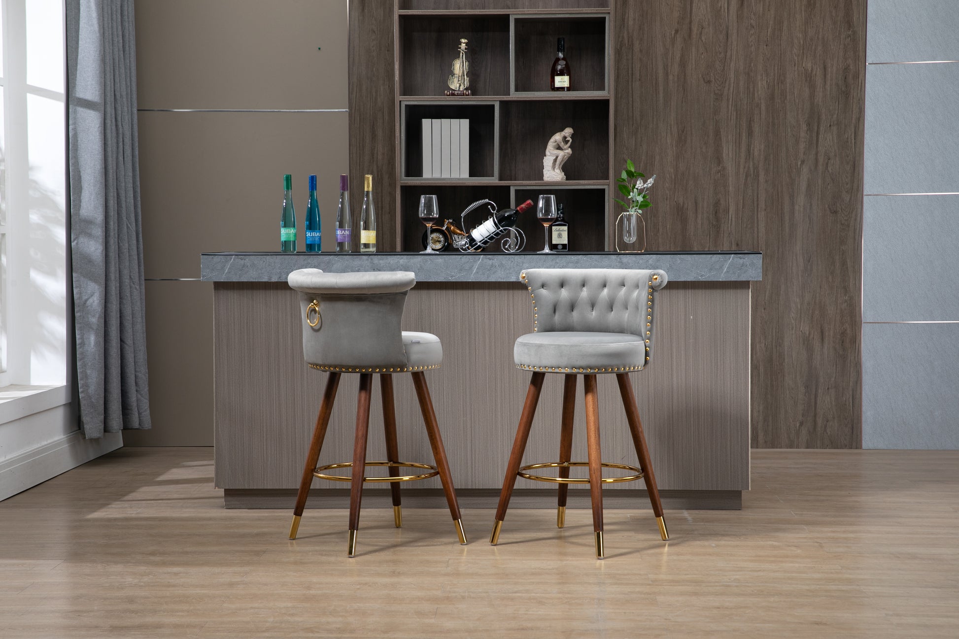 Coolmore Swivel Bar Stools With Backrest Footrest ,With A Fixed Height Of 360 Degrees Gray Solid Wood