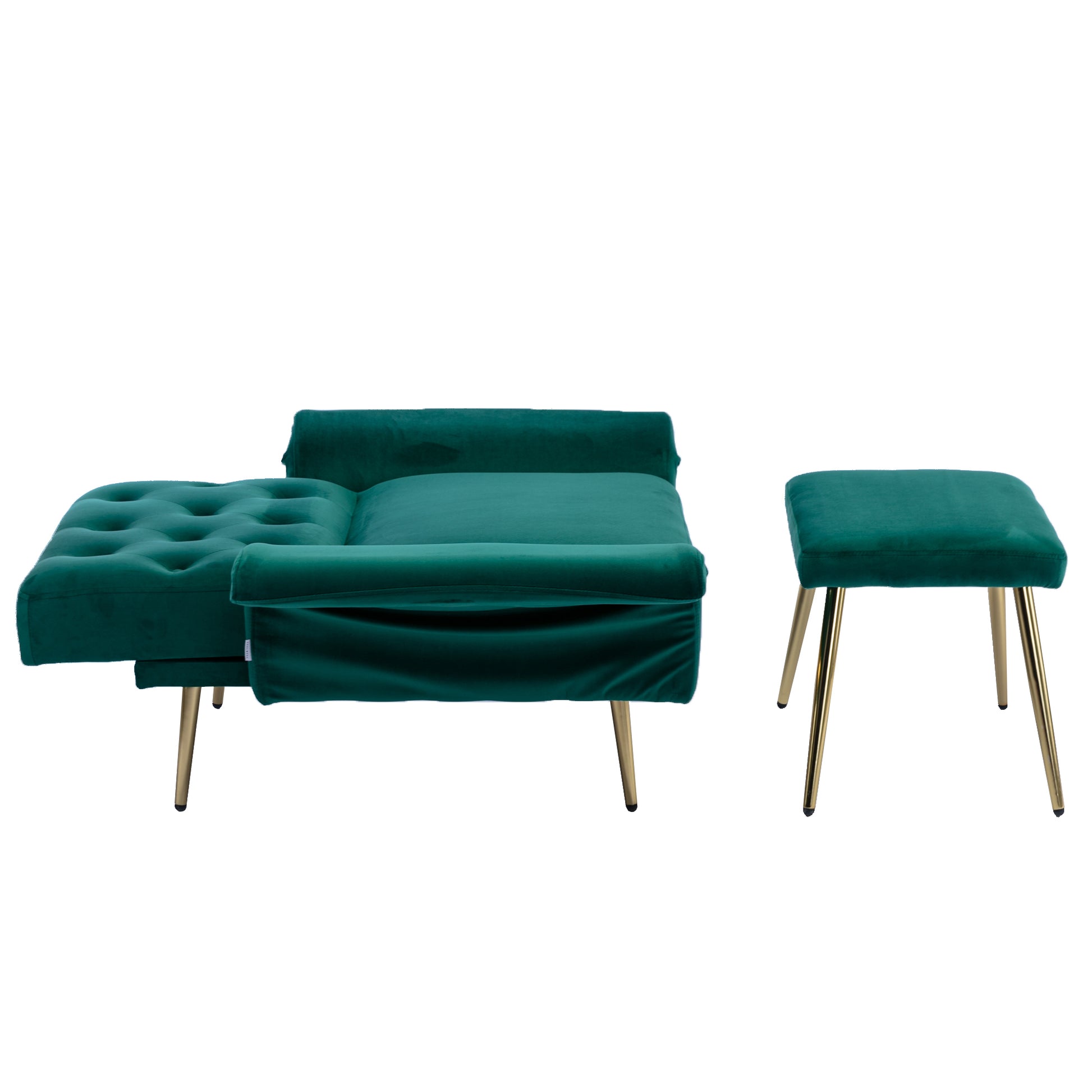 Coolmore Velvet Accent Chair With Adjustable Armrests And Backrest, Button Tufted Lounge Chair, Single Recliner Armchair With Ottoman Green Metal