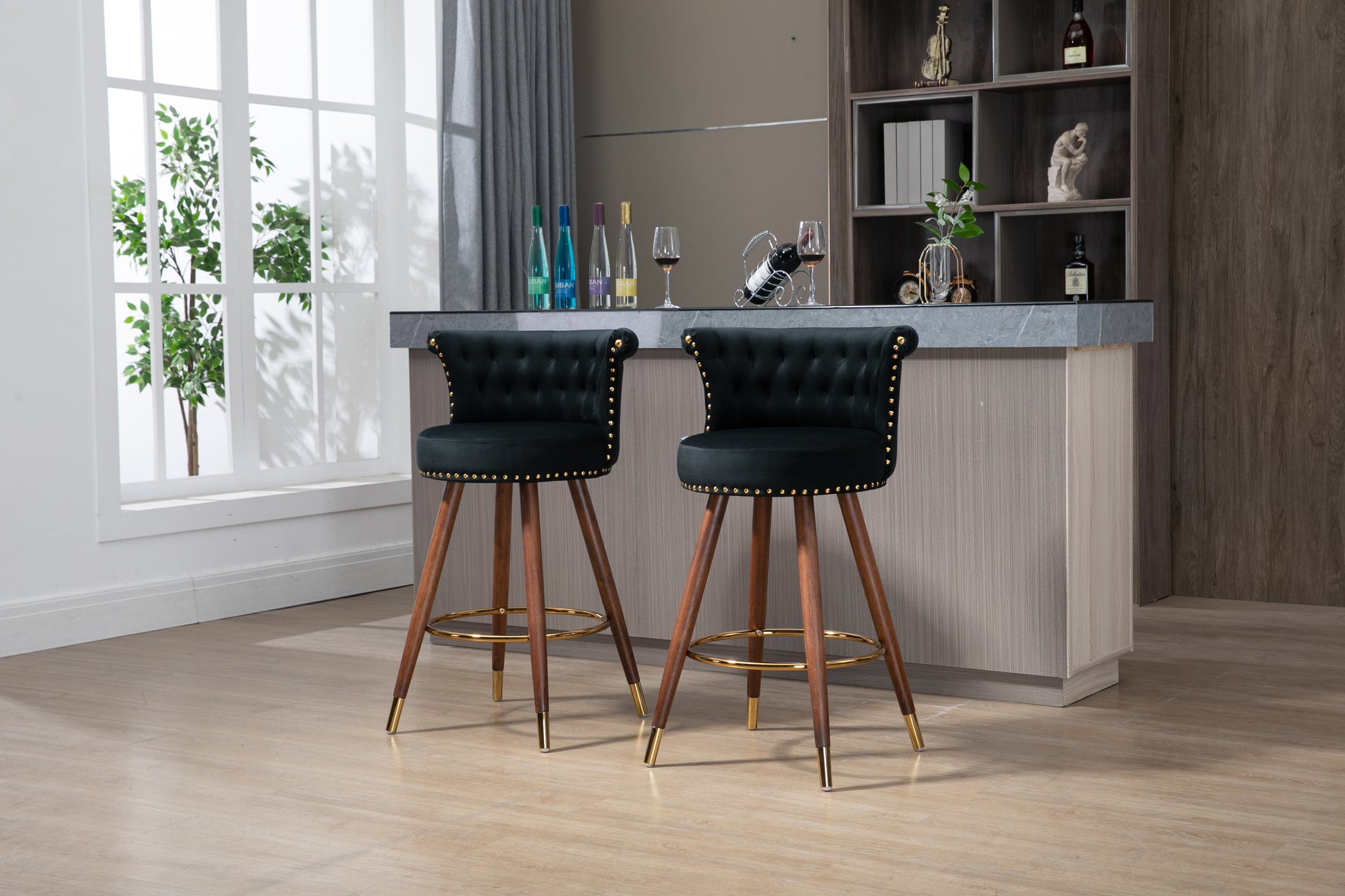 Coolmore Swivel Bar Stools With Backrest Footrest With A Fixed Height Of 360 Degrees Black Solid Wood