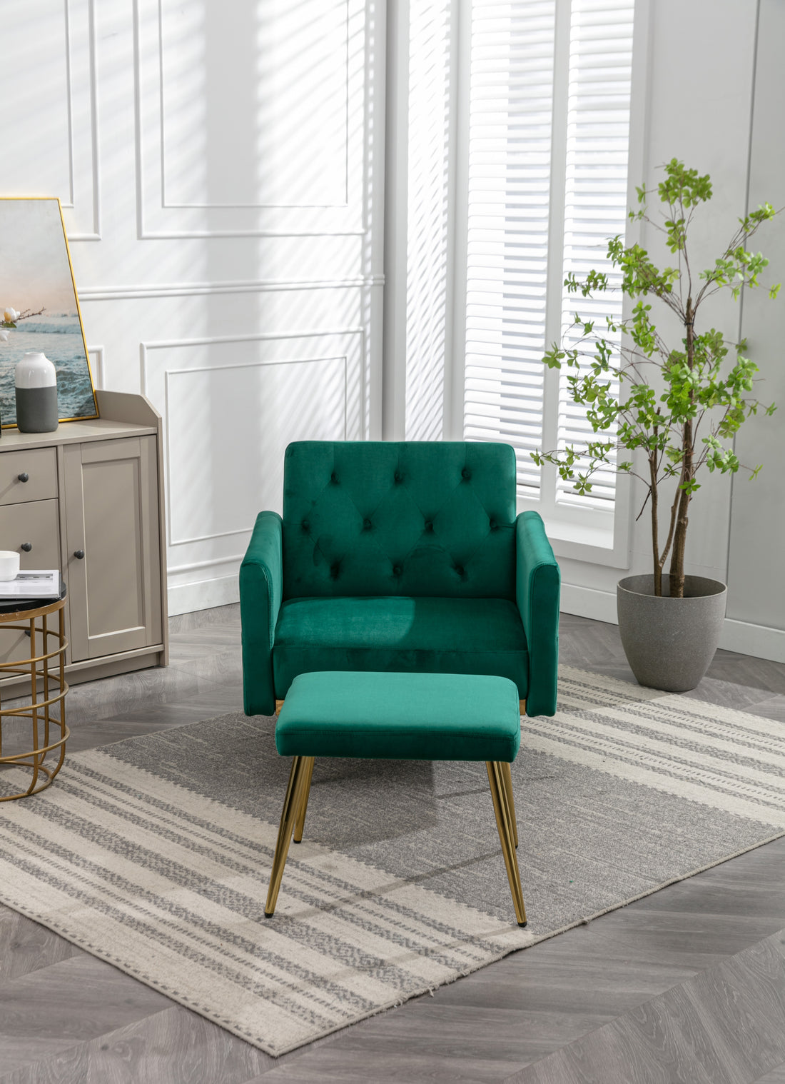Coolmore Velvet Accent Chair With Adjustable Armrests And Backrest, Button Tufted Lounge Chair, Single Recliner Armchair With Ottoman Green Metal