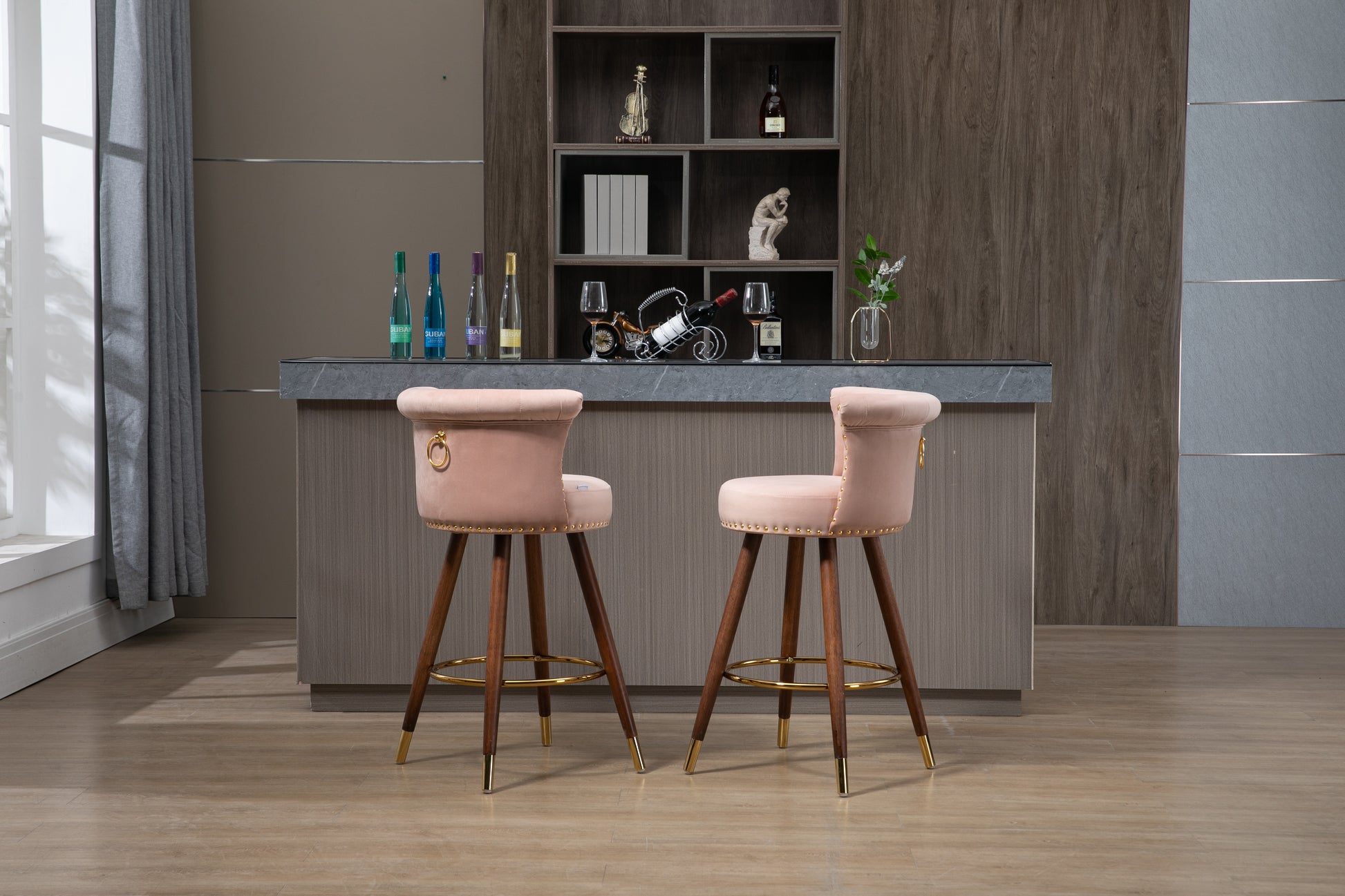 Coolmore Swivel Bar Stools With Backrest Footrest With A Fixed Height Of 360 Degrees Pink Solid Wood