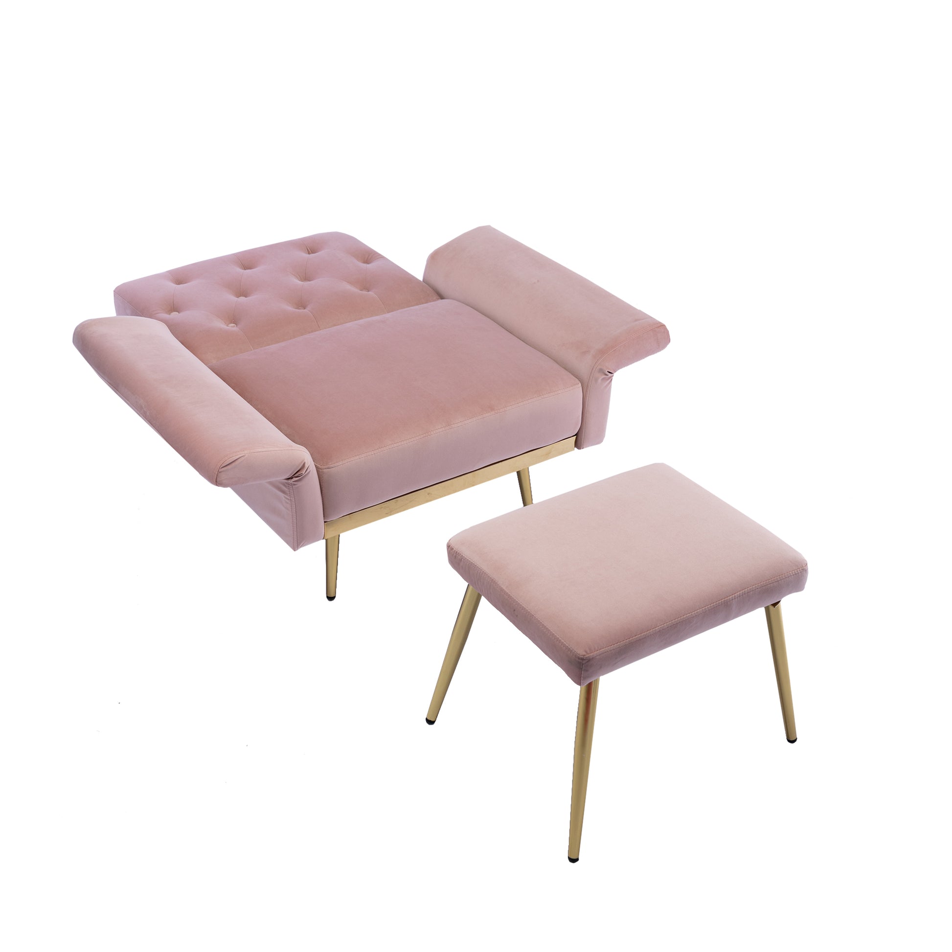 Coolmore Velvet Accent Chair With Adjustable Armrests And Backrest, Button Tufted Lounge Chair, Single Recliner Armchair With Ottoman Pink Metal