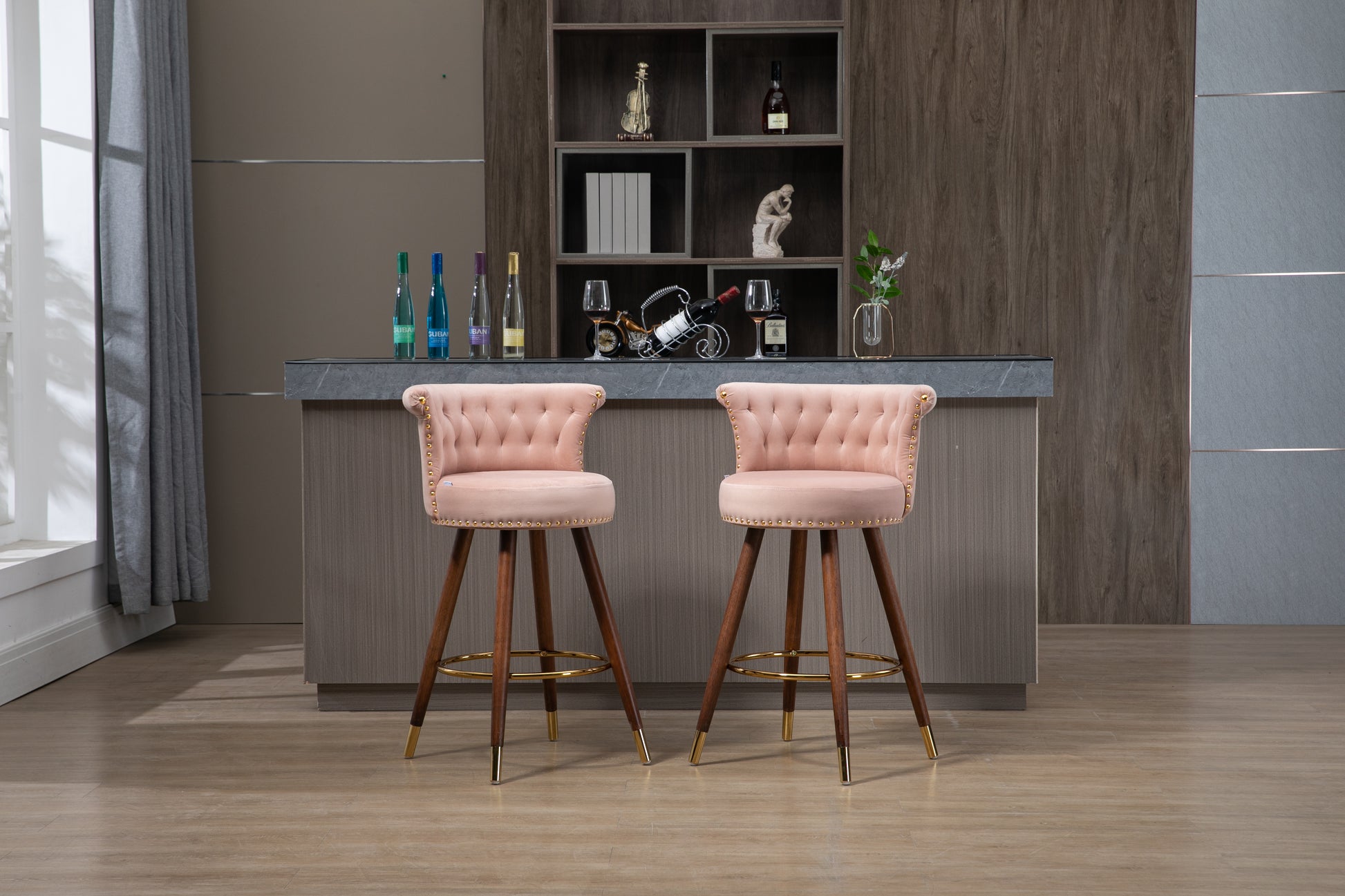 Coolmore Swivel Bar Stools With Backrest Footrest With A Fixed Height Of 360 Degrees Pink Solid Wood