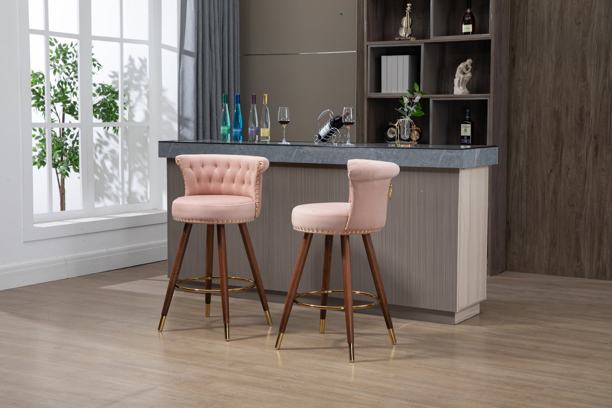 Coolmore Swivel Bar Stools With Backrest Footrest With A Fixed Height Of 360 Degrees Pink Solid Wood