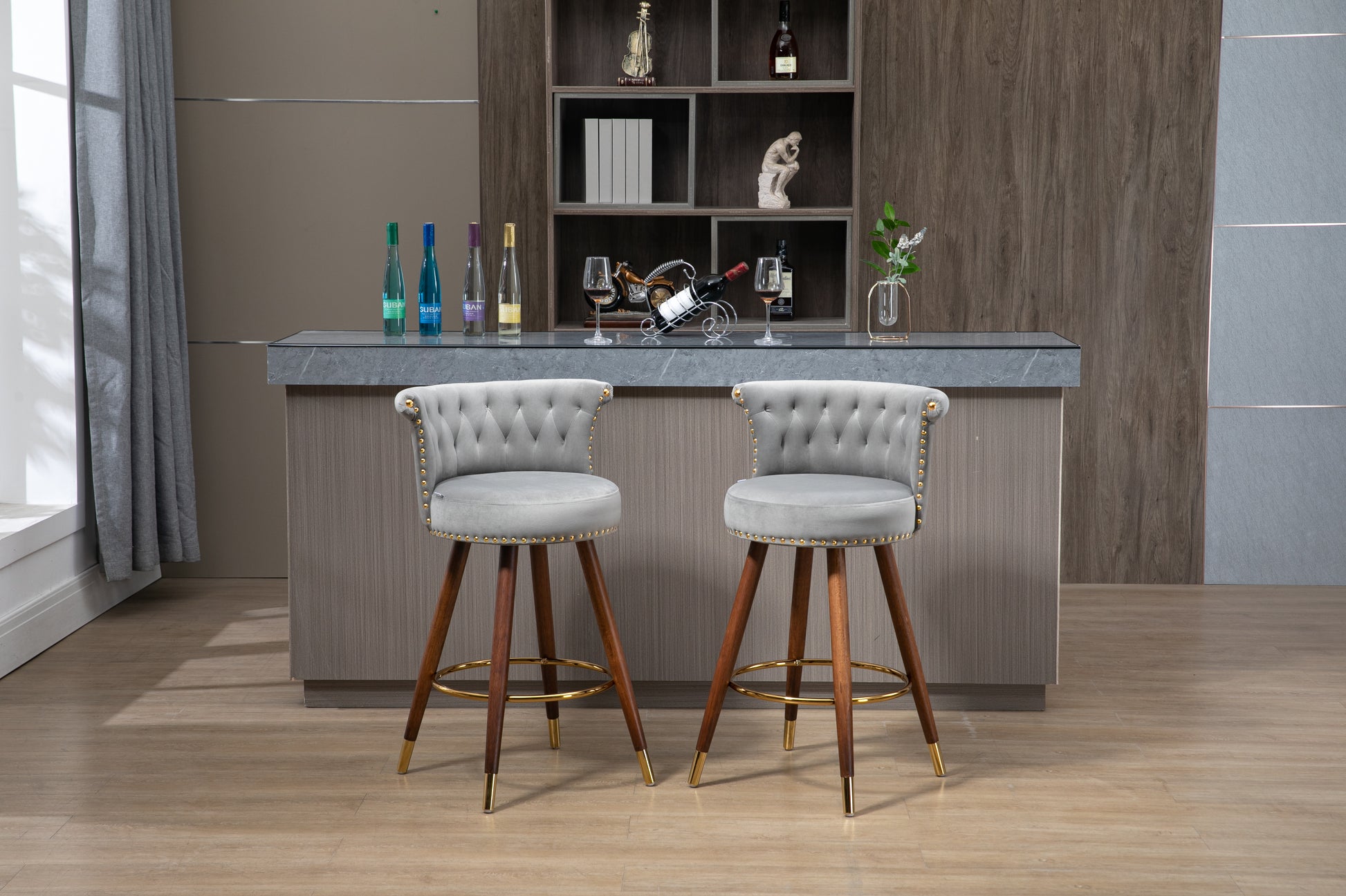 Coolmore Swivel Bar Stools With Backrest Footrest ,With A Fixed Height Of 360 Degrees Gray Solid Wood
