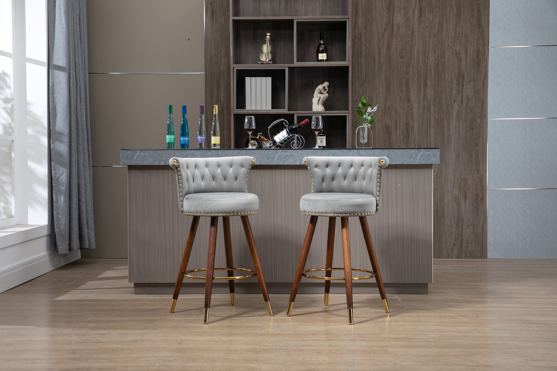 Coolmore Swivel Bar Stools With Backrest Footrest ,With A Fixed Height Of 360 Degrees Gray Solid Wood