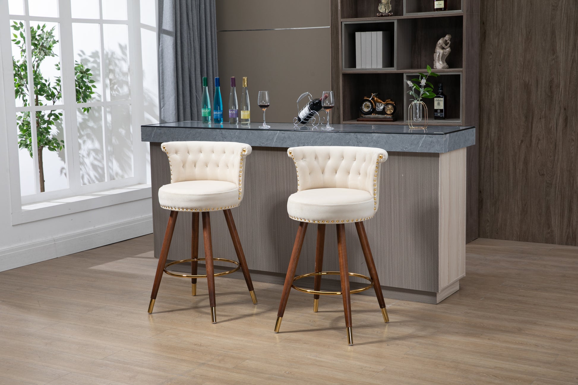 Coolmore Swivel Bar Stools With Backrest Footrest With A Fixed Height Of 360 Degrees Ivory Solid Wood