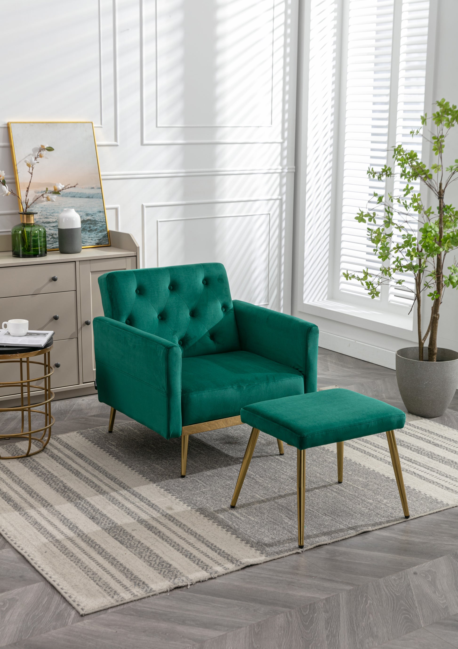 Coolmore Velvet Accent Chair With Adjustable Armrests And Backrest, Button Tufted Lounge Chair, Single Recliner Armchair With Ottoman Green Metal