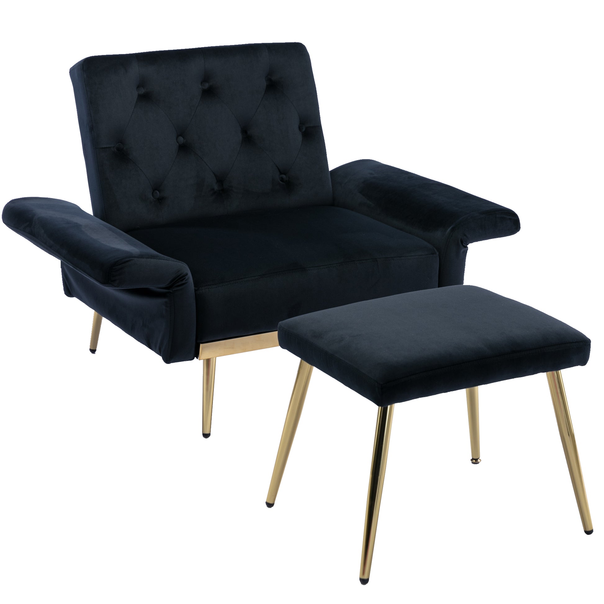 Coolmore Velvet Accent Chair With Adjustable Armrests And Backrest, Button Tufted Lounge Chair, Single Recliner Armchair With Ottoman Black Metal