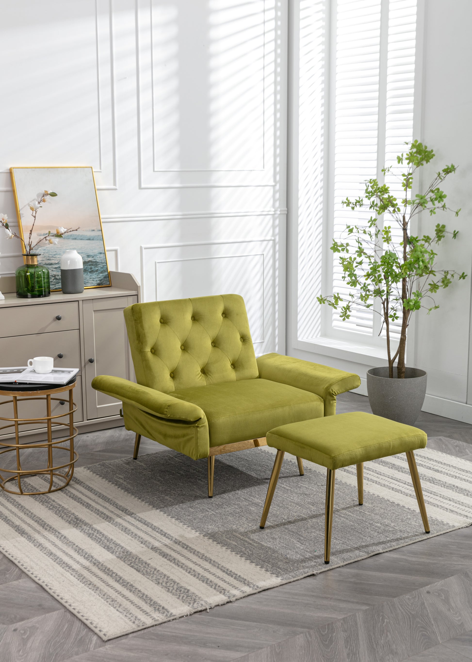 Coolmore Velvet Accent Chair With Adjustable Armrests And Backrest, Button Tufted Lounge Chair, Single Recliner Armchair With Ottoman Olive Green Metal