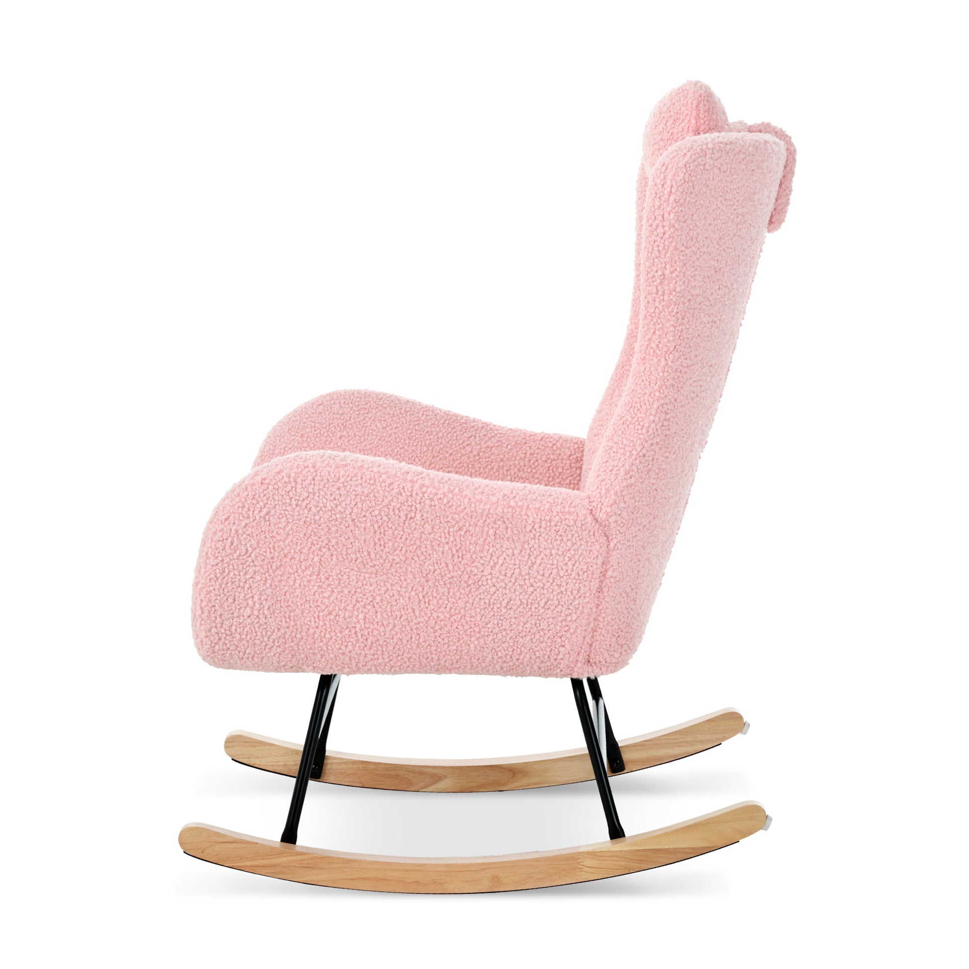 Rocking Chair Nursery, Teddy Upholstered Rocker Glider Chair With High Backrest, Adjustable Headrest & Pocket, Comfy Glider Chair For Nursery, Bedroom, Living Room, Offices, Rubber Wood, Pink Pink Polyester