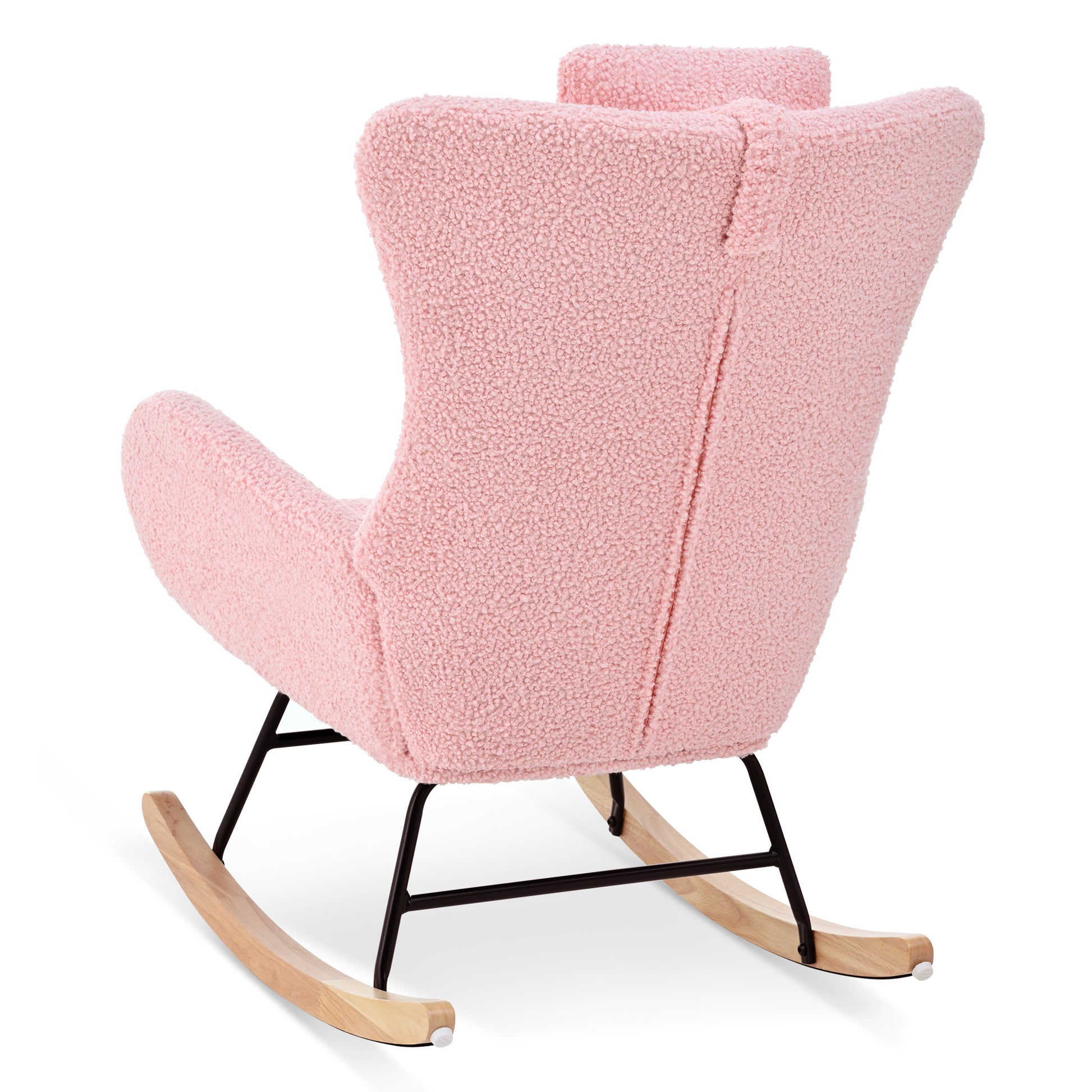 Rocking Chair Nursery, Teddy Upholstered Rocker Glider Chair With High Backrest, Adjustable Headrest & Pocket, Comfy Glider Chair For Nursery, Bedroom, Living Room, Offices, Rubber Wood, Pink Pink Polyester
