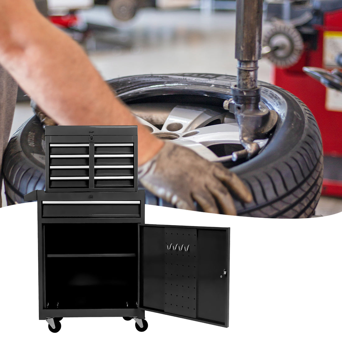 Detachable 5 Drawer Tool Chest With Bottom Cabinet And One Adjustable Shelf Black Black Metal