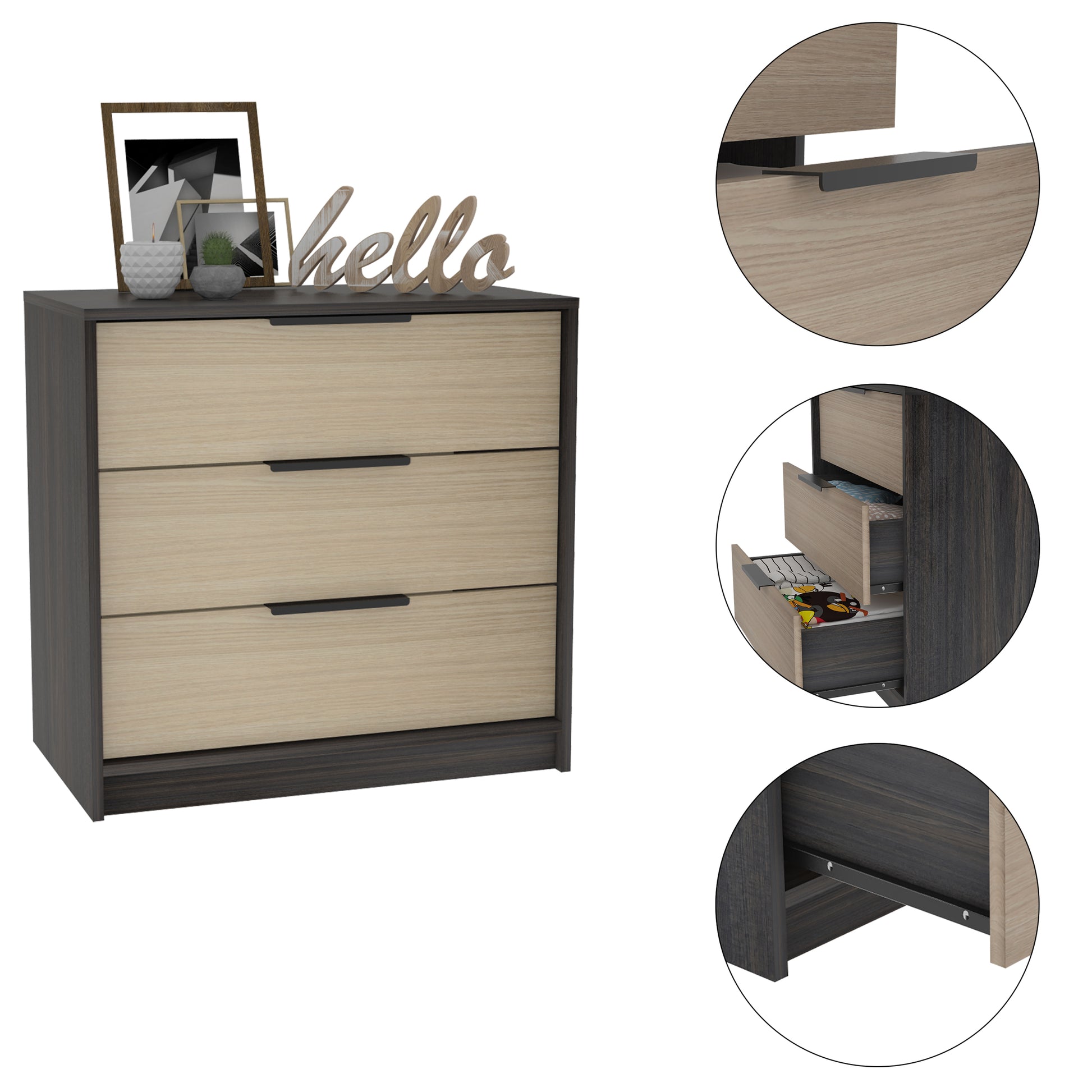 Cannon 3 Drawer Rectangle Dresser Black Wengue And Light Oak Black Particle Board