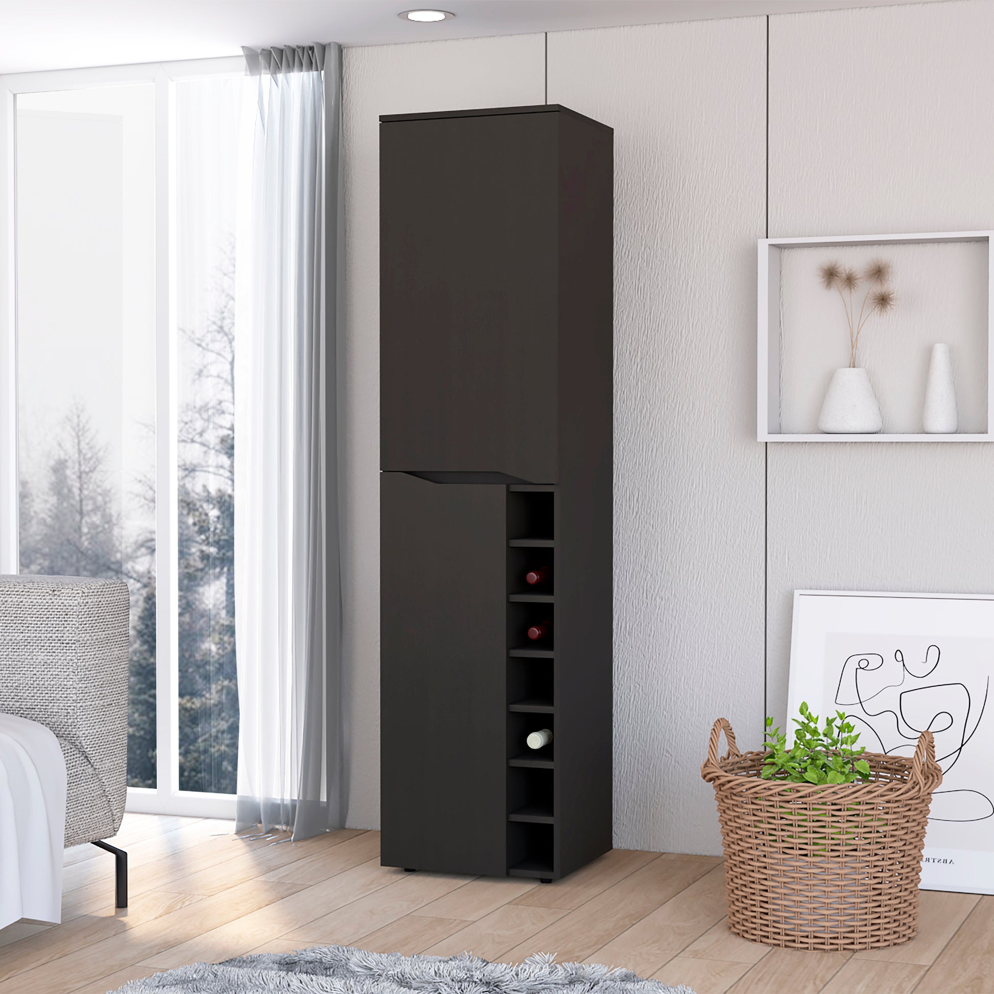 Black Wengue 7 Bottle Rectangle Bar Cabinet Black Particle Board