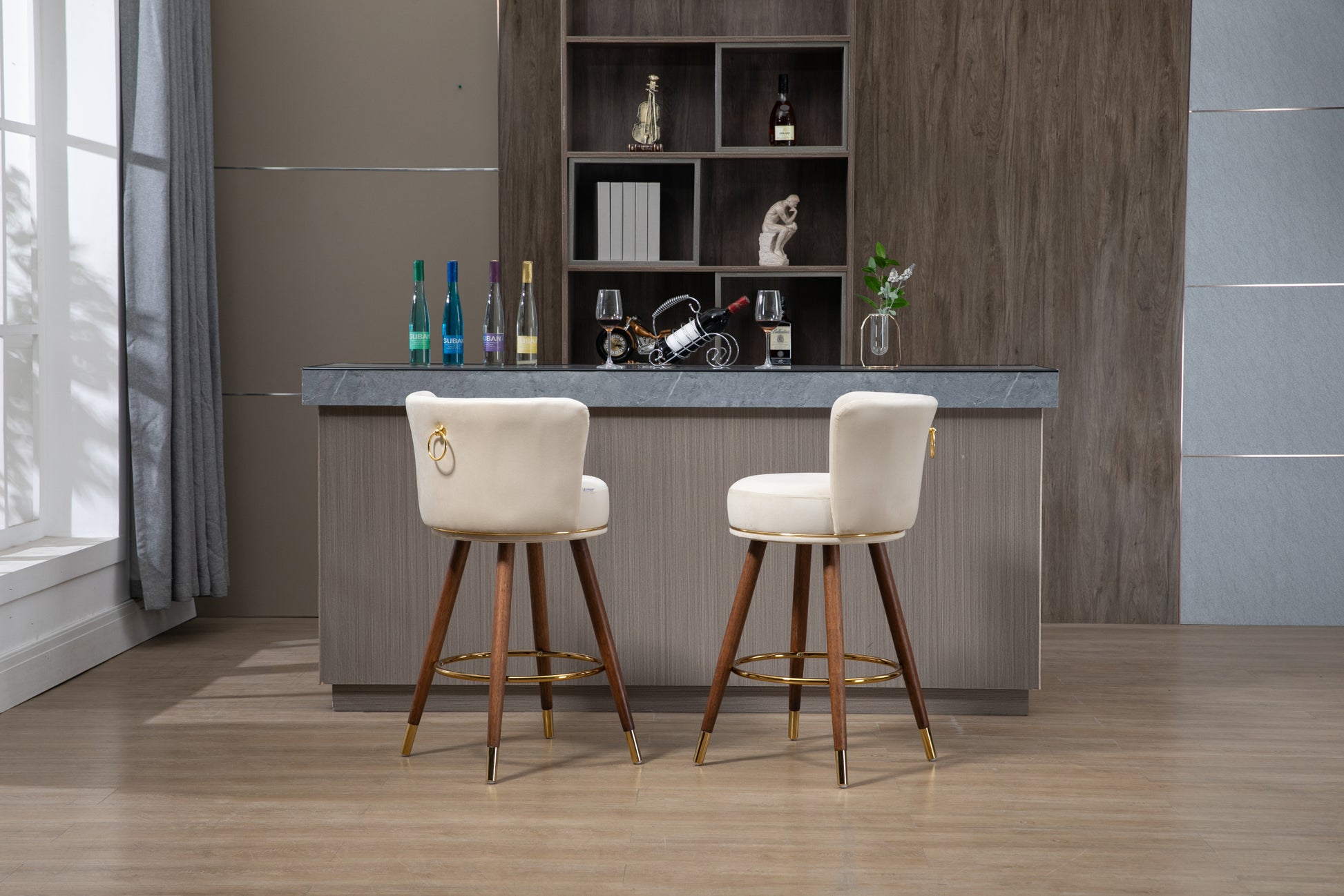 Coolmore Counter Height Bar Stools Set Of 2 For Kitchen Counter Solid Wood Legs With A Fixed Height Of 360 Degrees Ivory Solid Wood